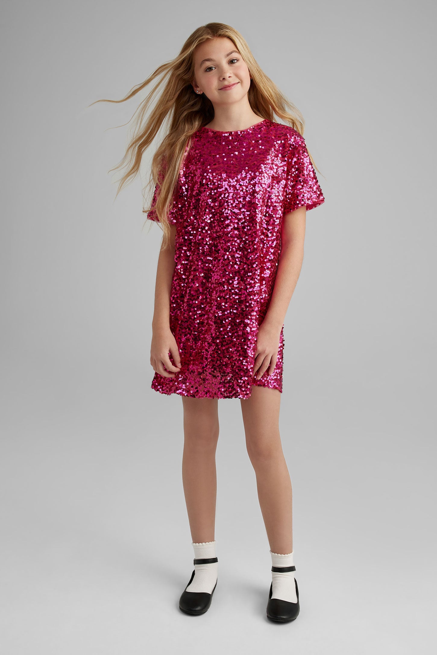 Robe manches courtes à paillettes - Ado fille && ROSE