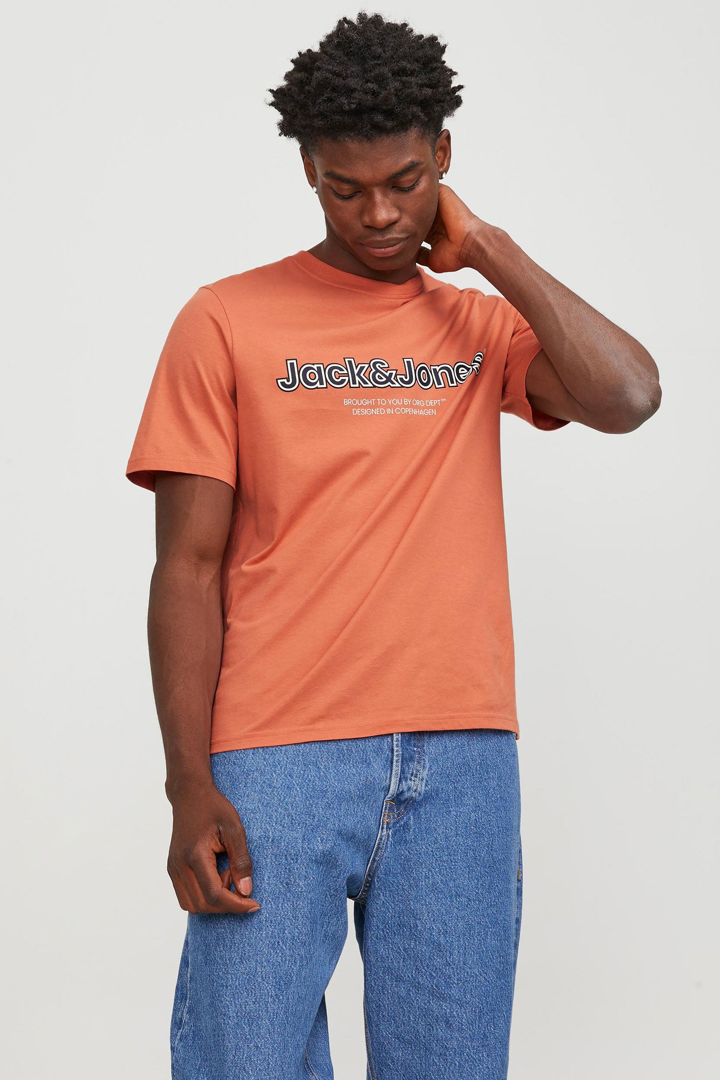 T-shirt imprimé en coton JACK & JONES - Homme && ORANGE