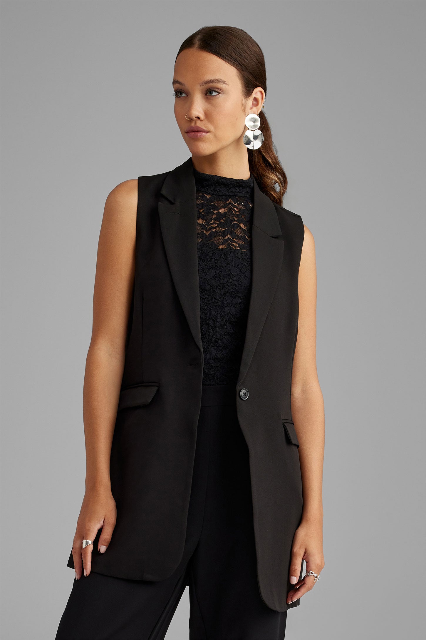 Veste tailleur longue sans manches - Femme && NOIR