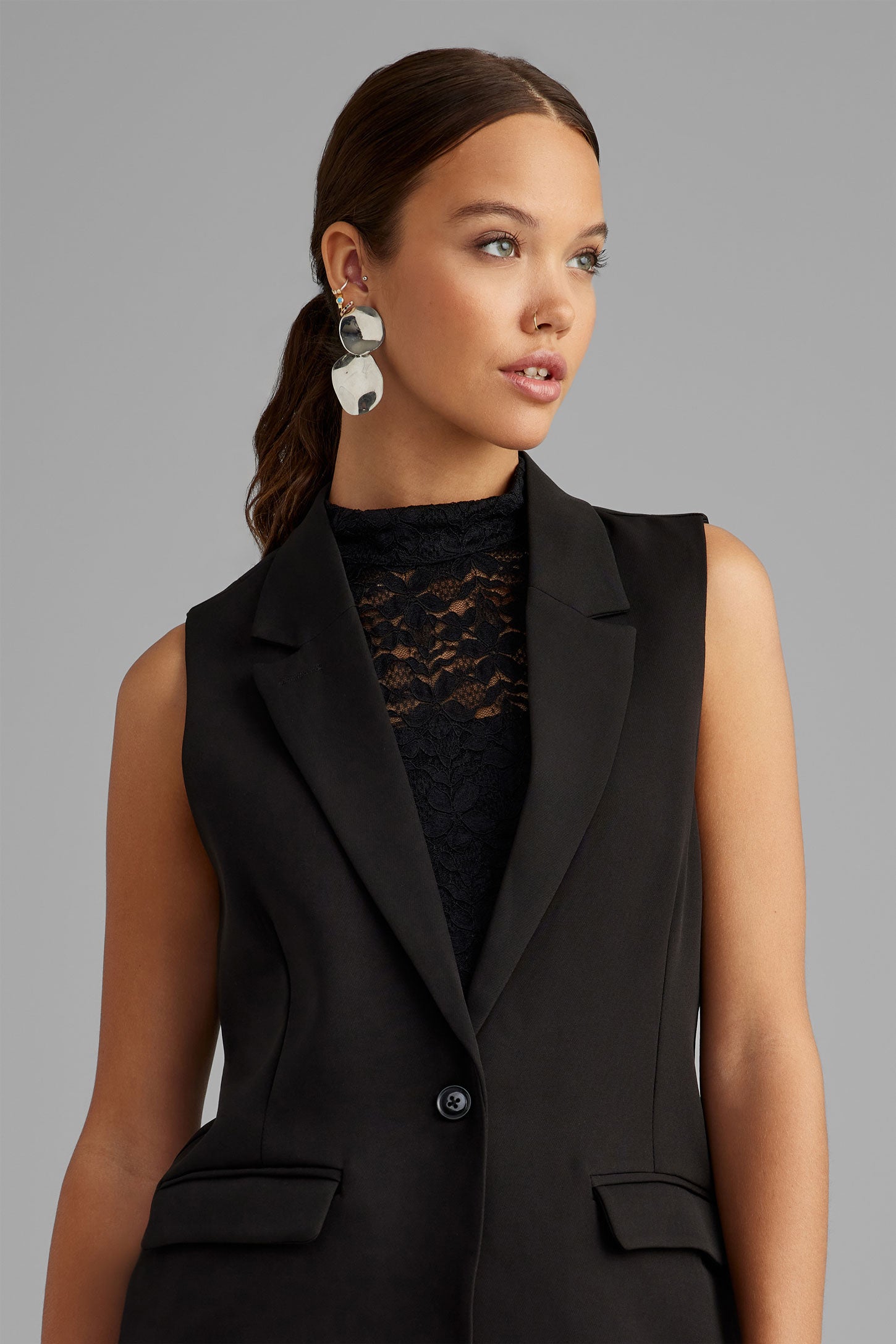 Veste tailleur longue sans manches - Femme && NOIR