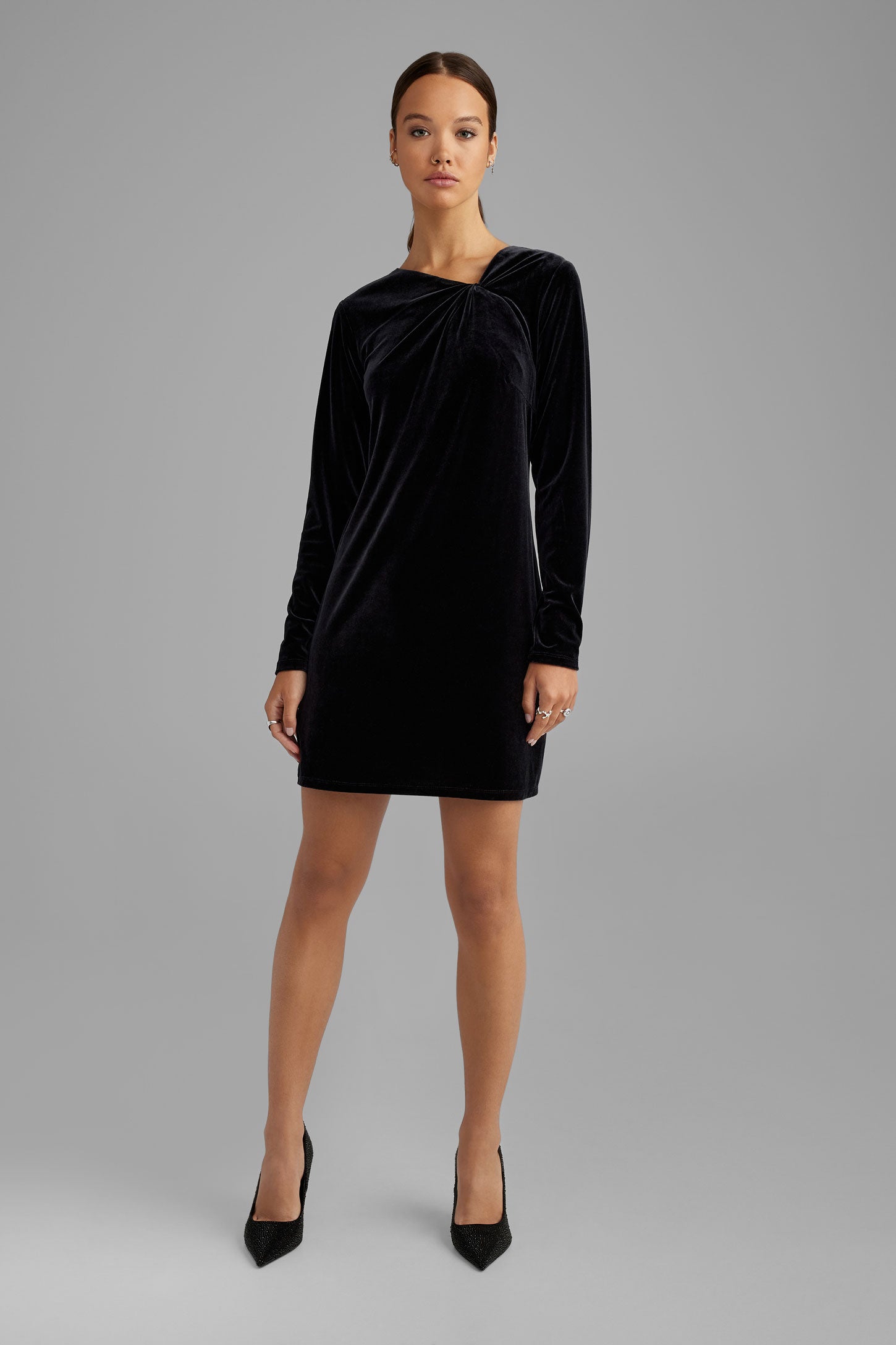 Robe col torsadé coupe ajustée en velours - Femme && NOIR