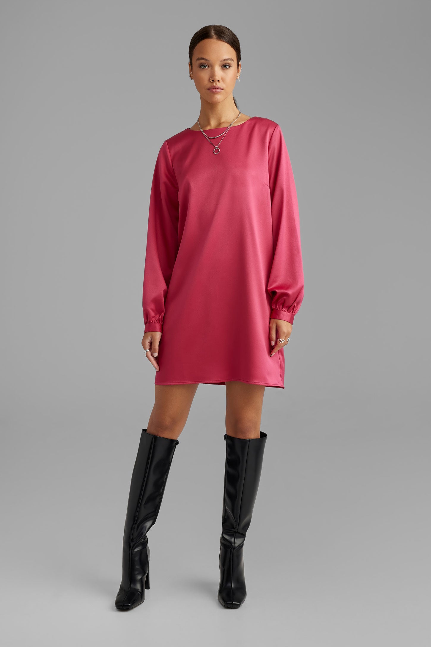 Robe manches longues bouffantes satinée - Femme && ROSE