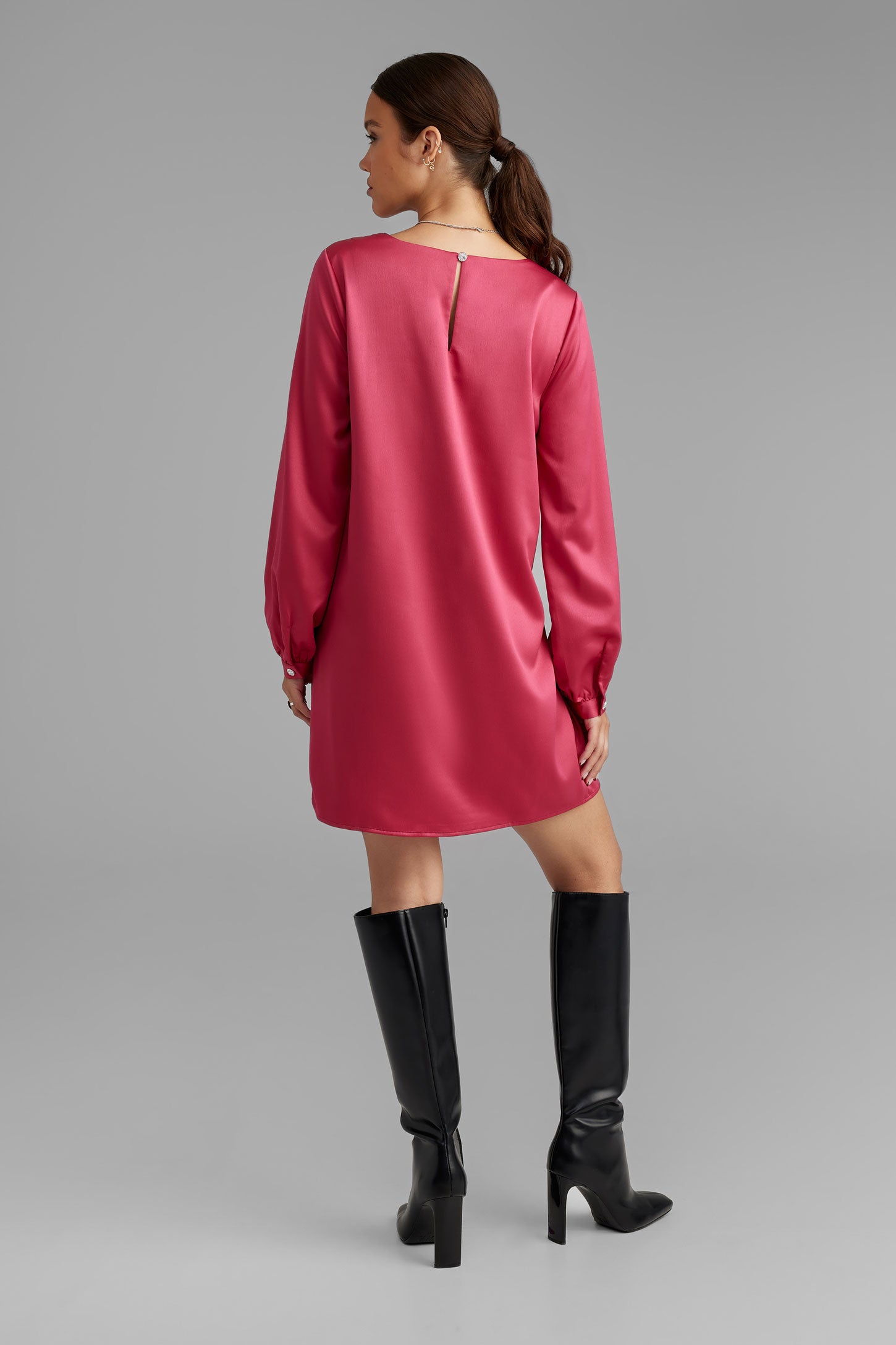 Robe manches longues bouffantes satinée - Femme && ROSE