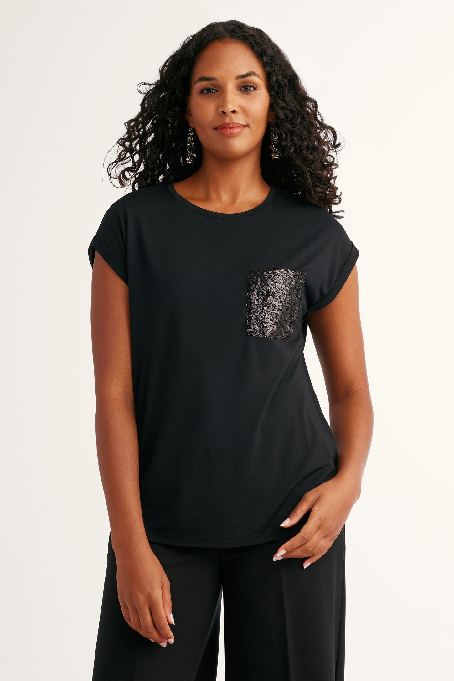 T-shirt à poche paillettes en modal - Femme && NOIR