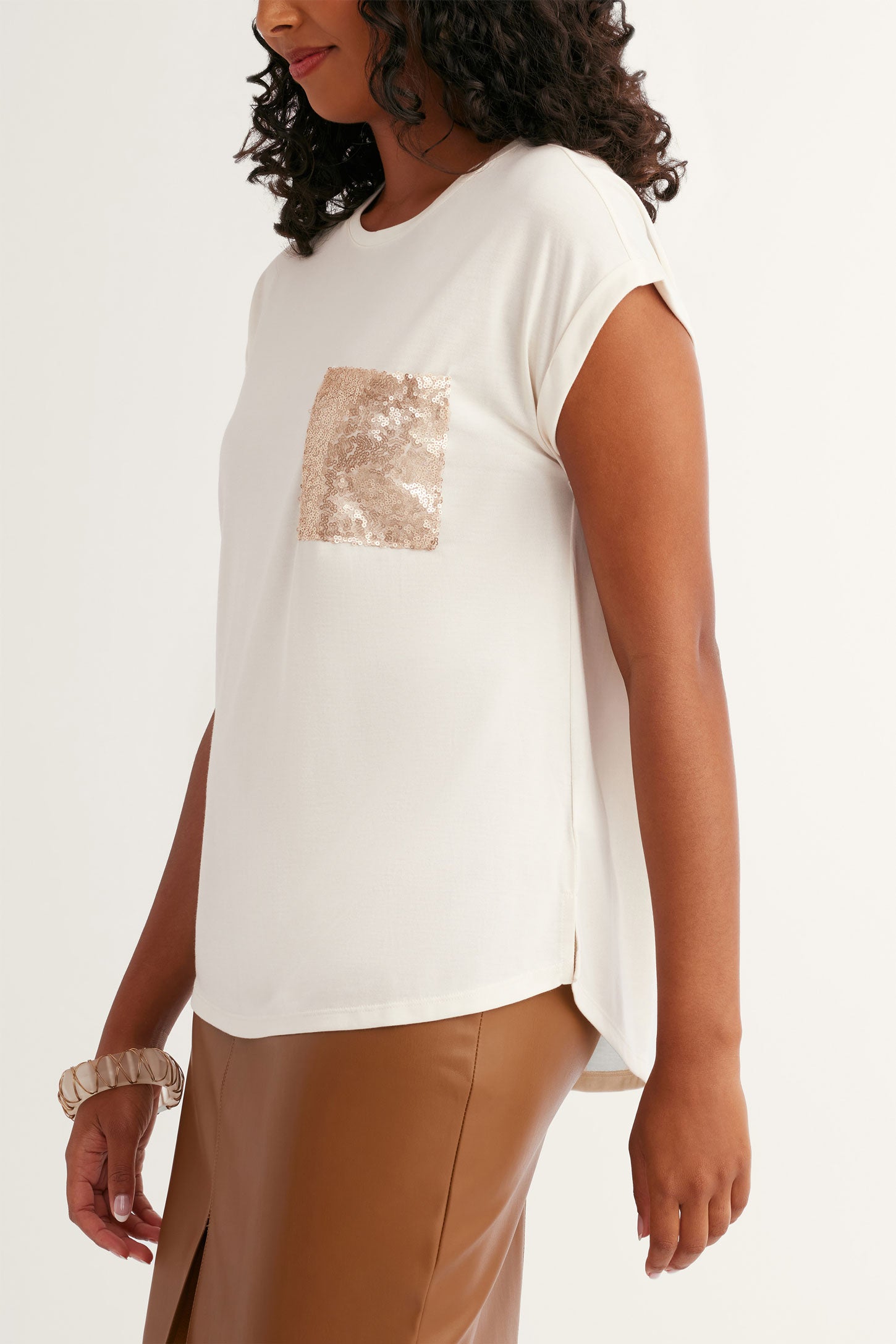 T-shirt à poche paillettes en modal - Femme && BLANC CASSÉ