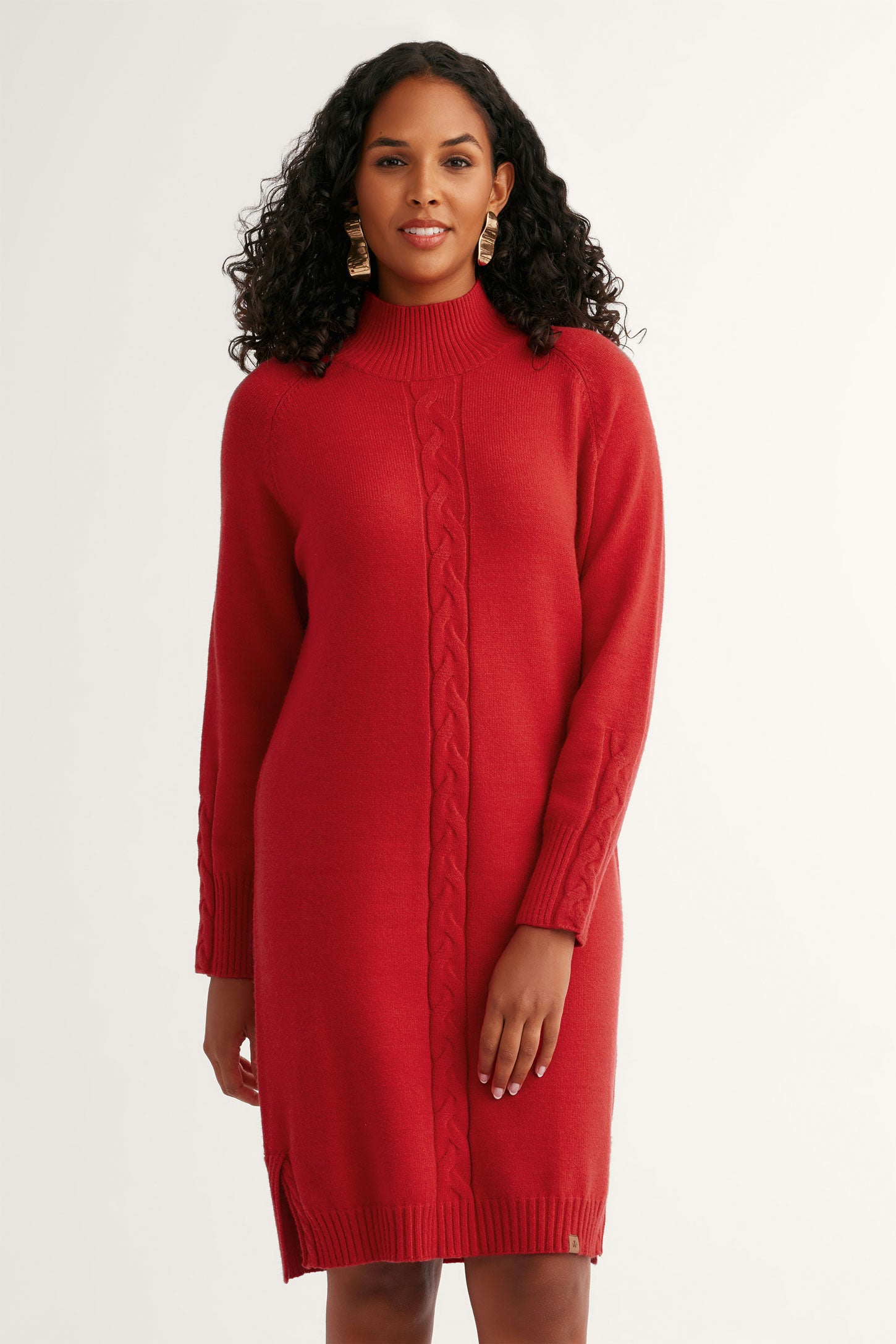 Robe tricot câble col montant - Femme && ROUGE