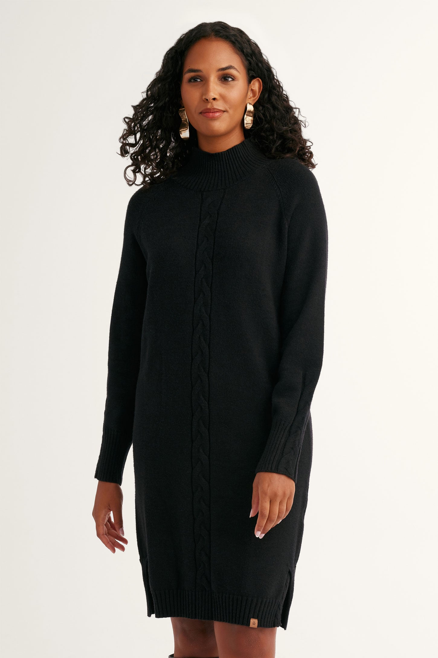 Robe tricot câble col montant - Femme && NOIR