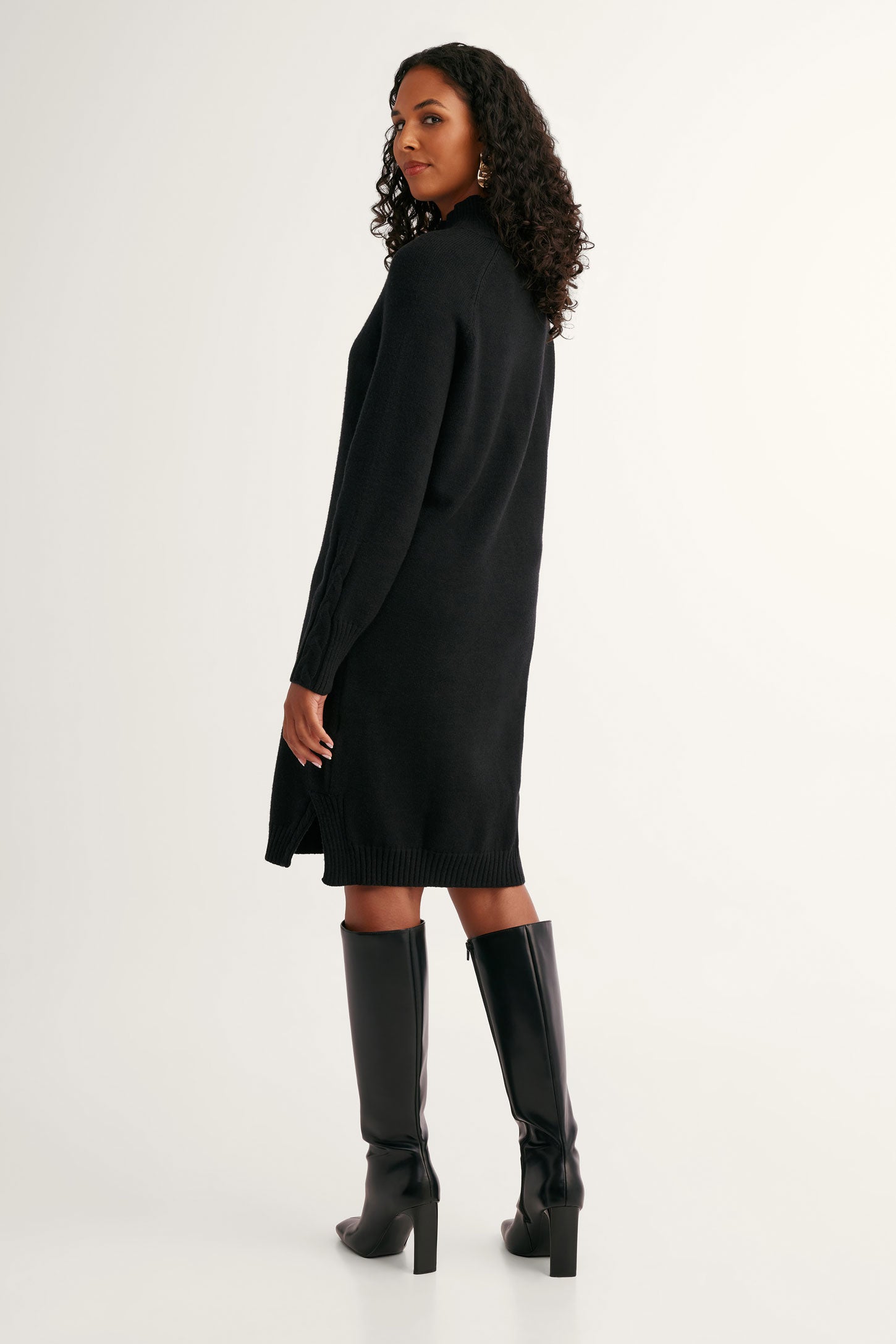 Robe tricot câble col montant - Femme && NOIR