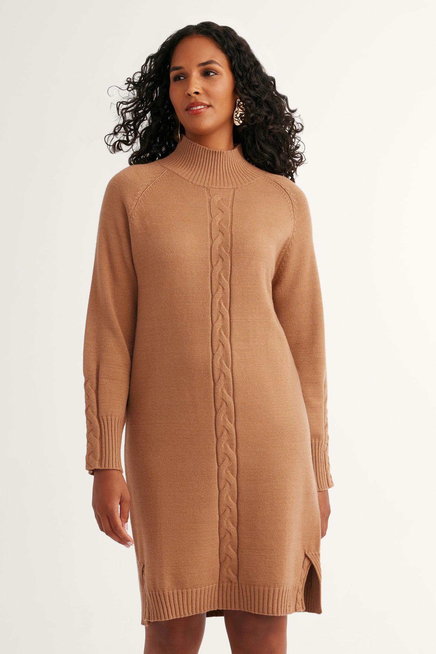 Robe tricot câble col montant - Femme && BEIGE