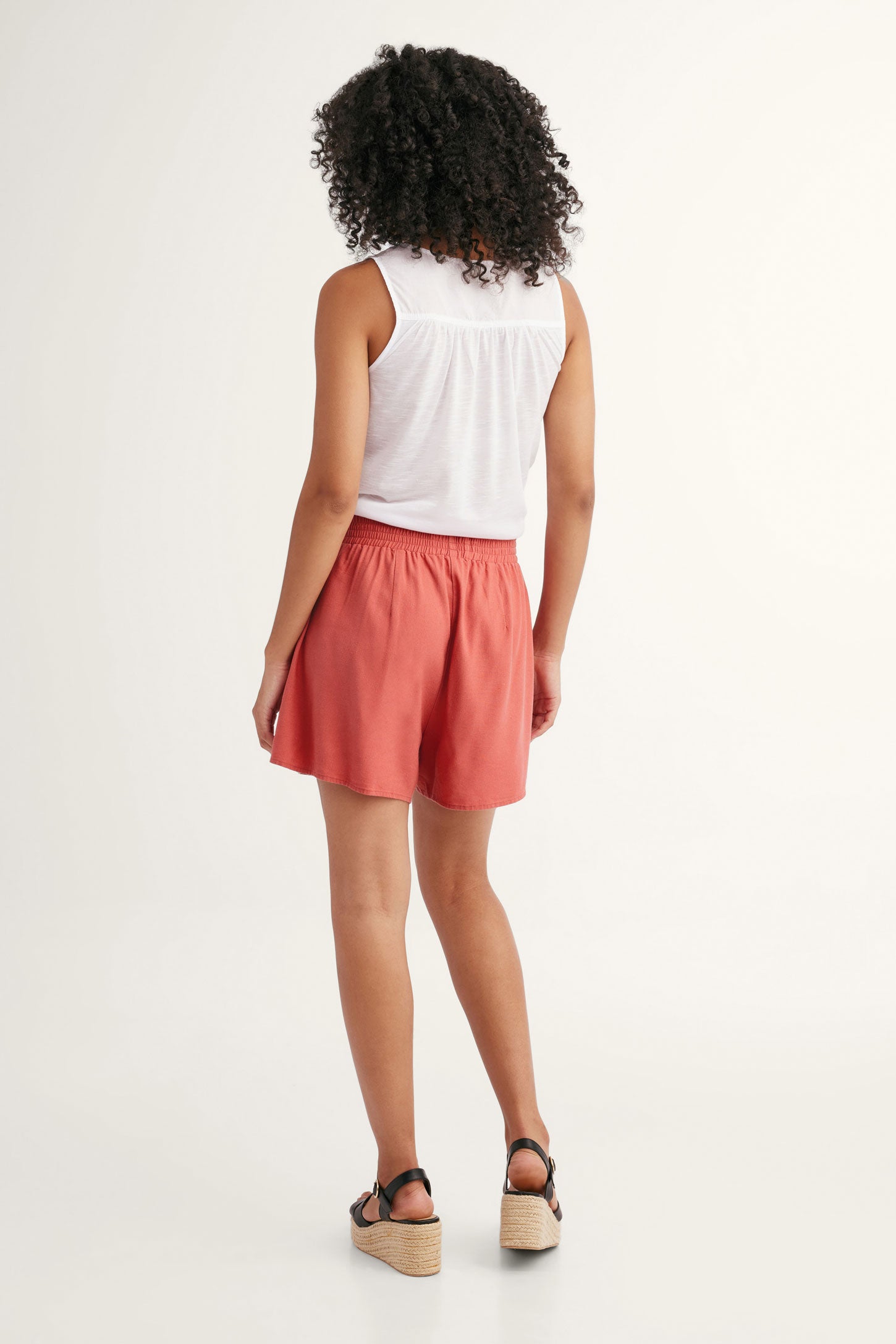 Short taille élastique lin - Femme && ROSE FONCE