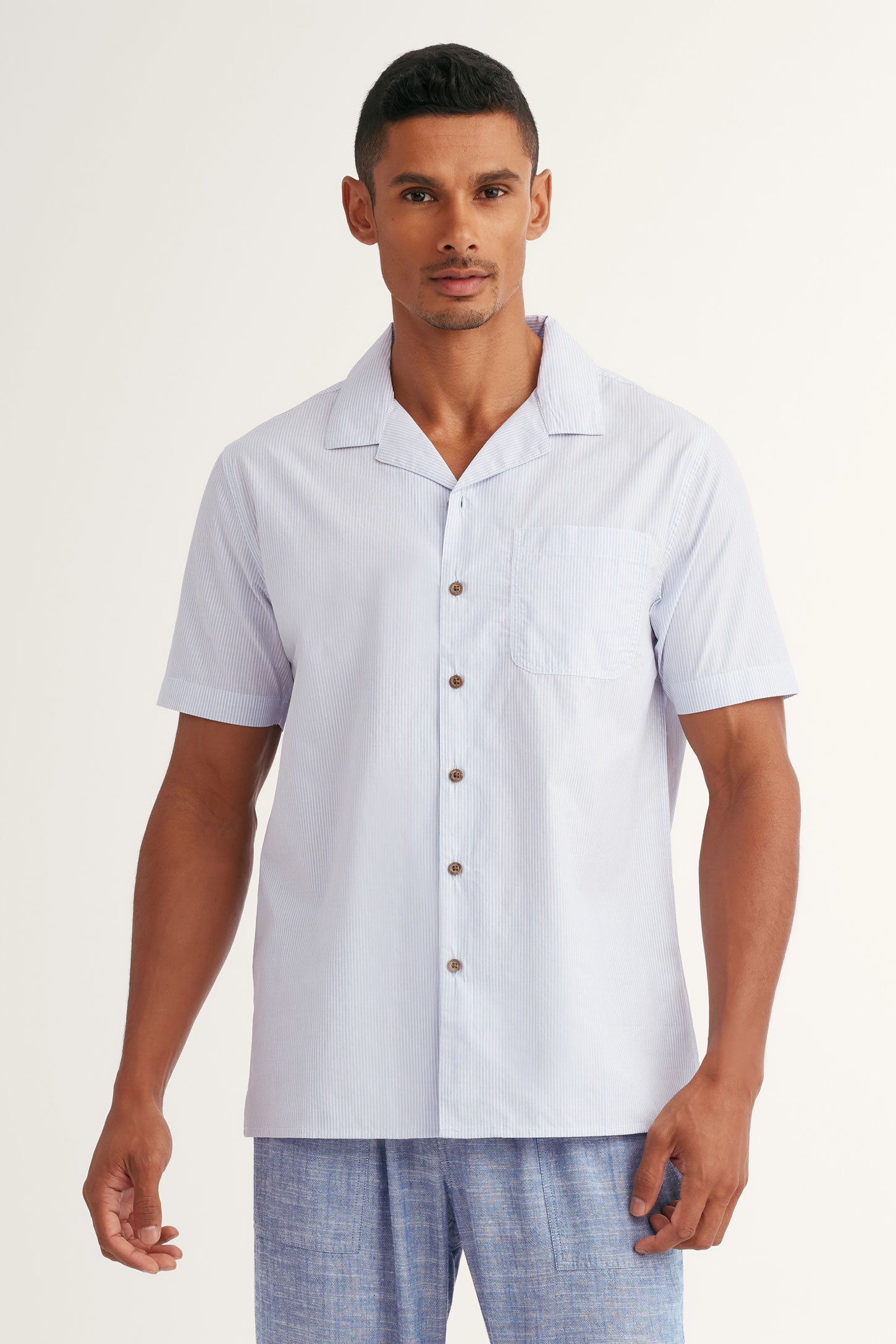 Chemise manches courtes imprimée en coton - Homme && BLEU PALE