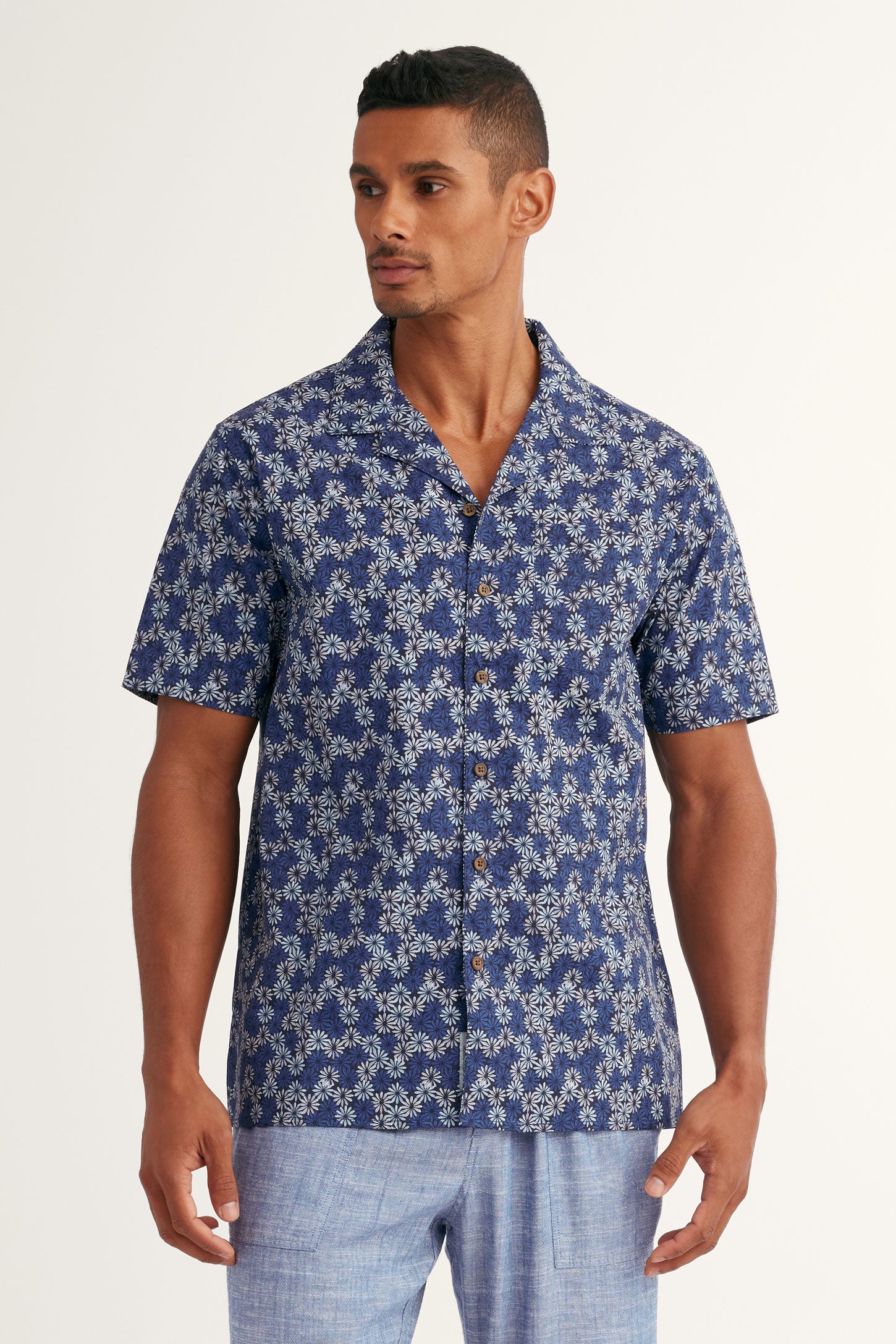 Chemise manches courtes imprimée en coton - Homme && BLEU FONCE