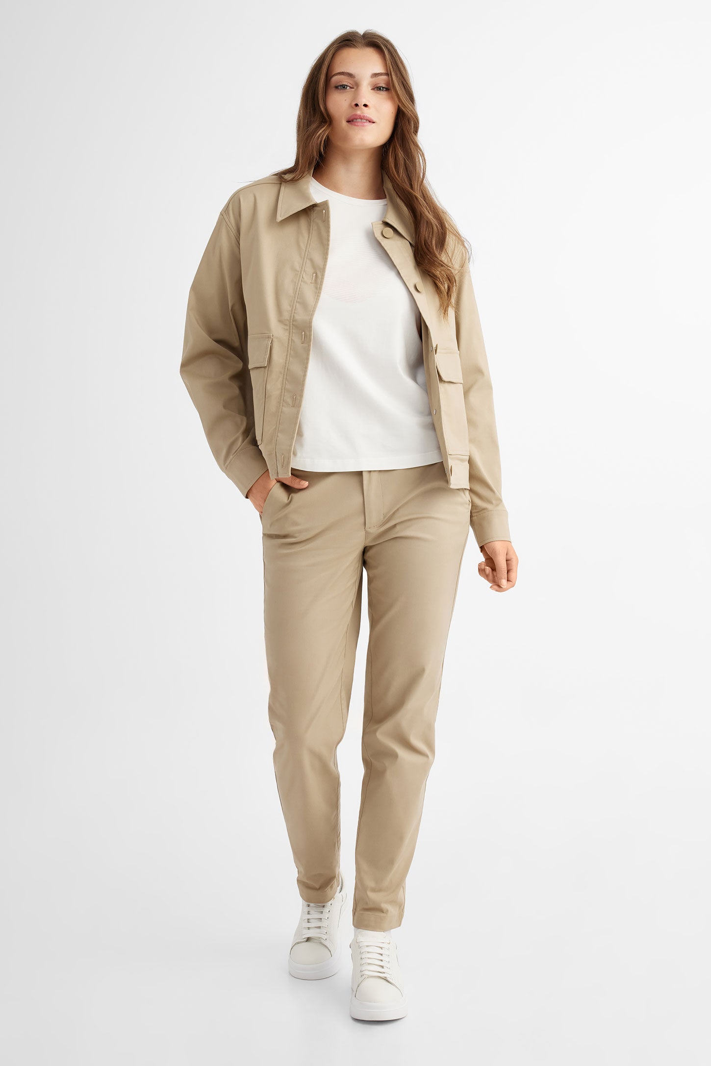 Pantalon coupe ajustée en twill extensible BM - Femme && BEIGE PALE