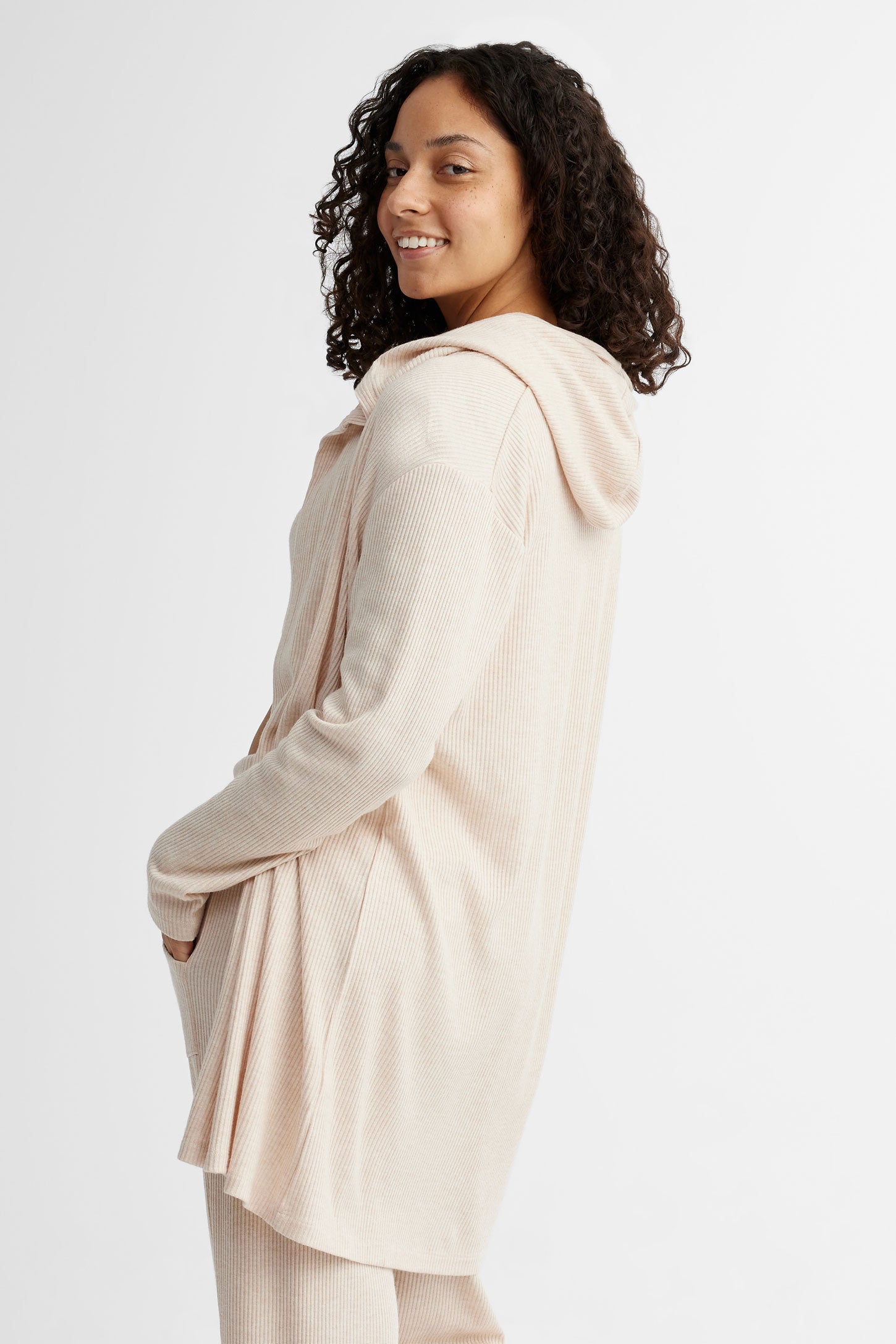 Cardigan pyjama à capuchon côtelé - Femme && BEIGE