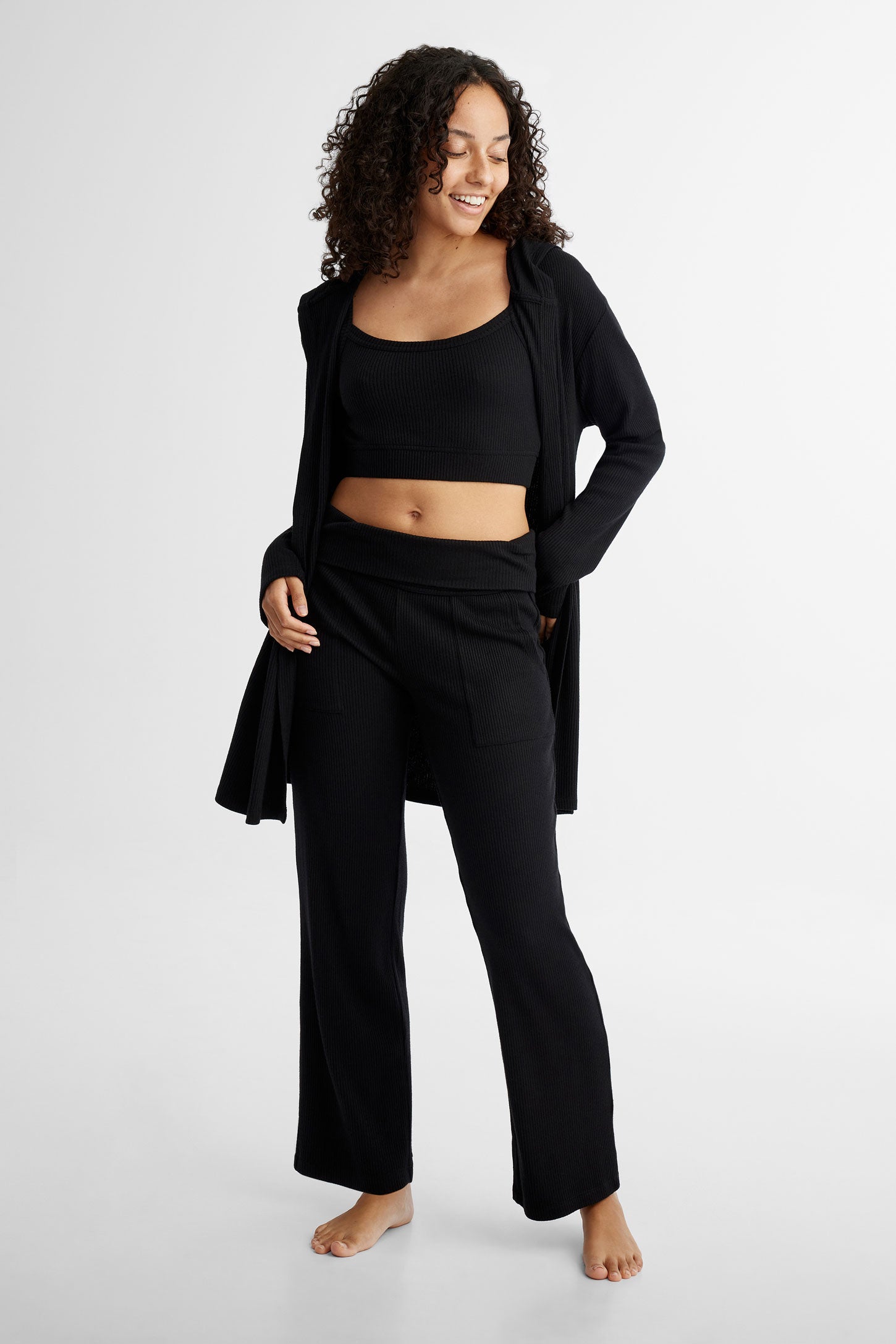 Pantalon pyjama côtelé jambe droite - Femme && NOIR