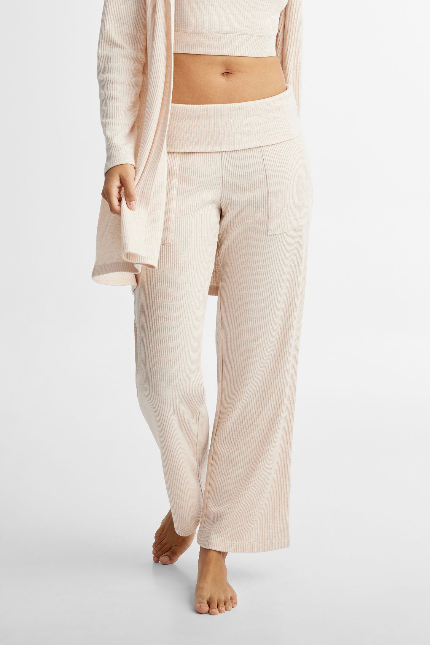 Pantalon pyjama côtelé jambe droite - Femme && BEIGE