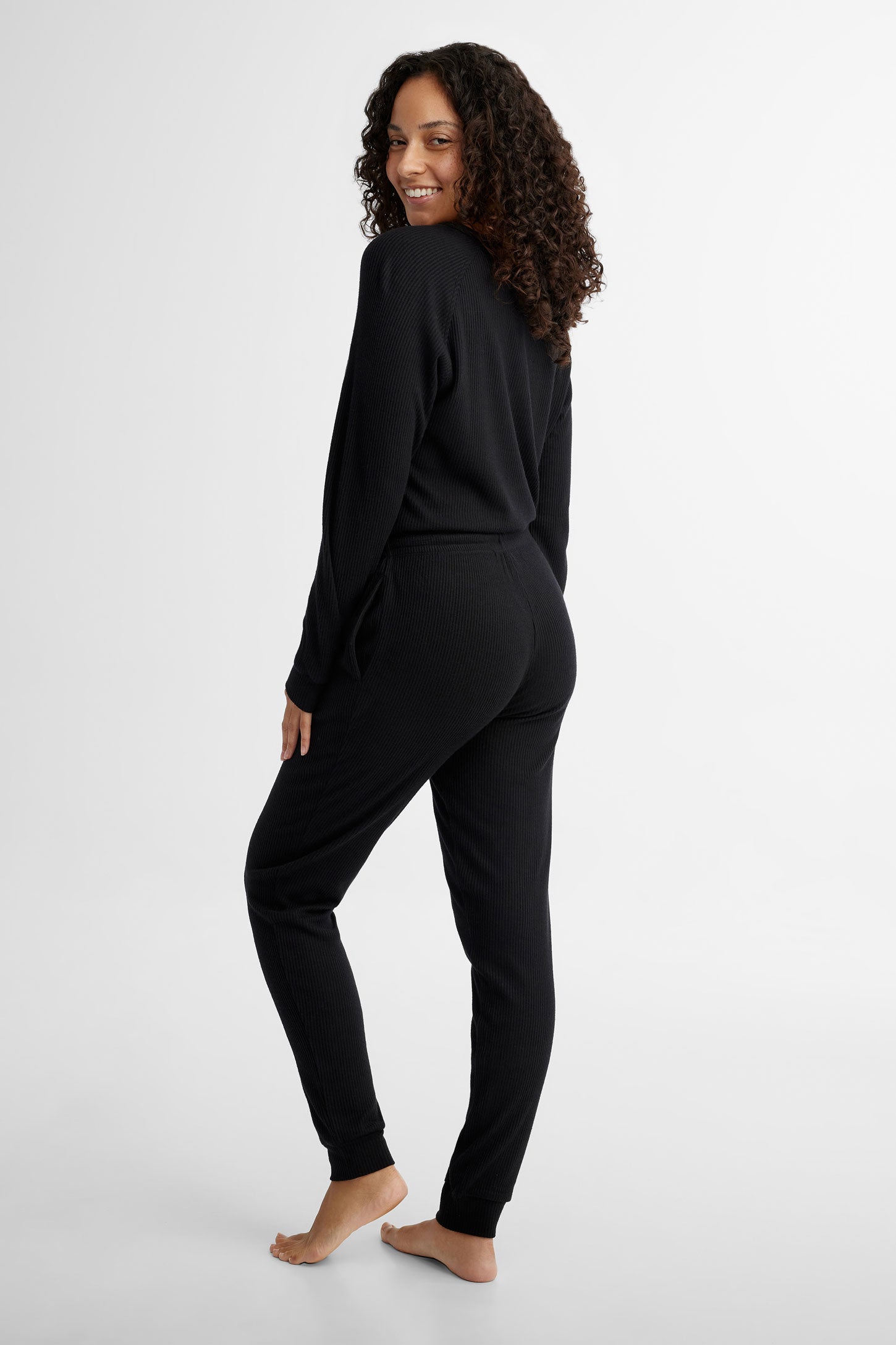 Pantalon pyjama côtelé - Femme && NOIR