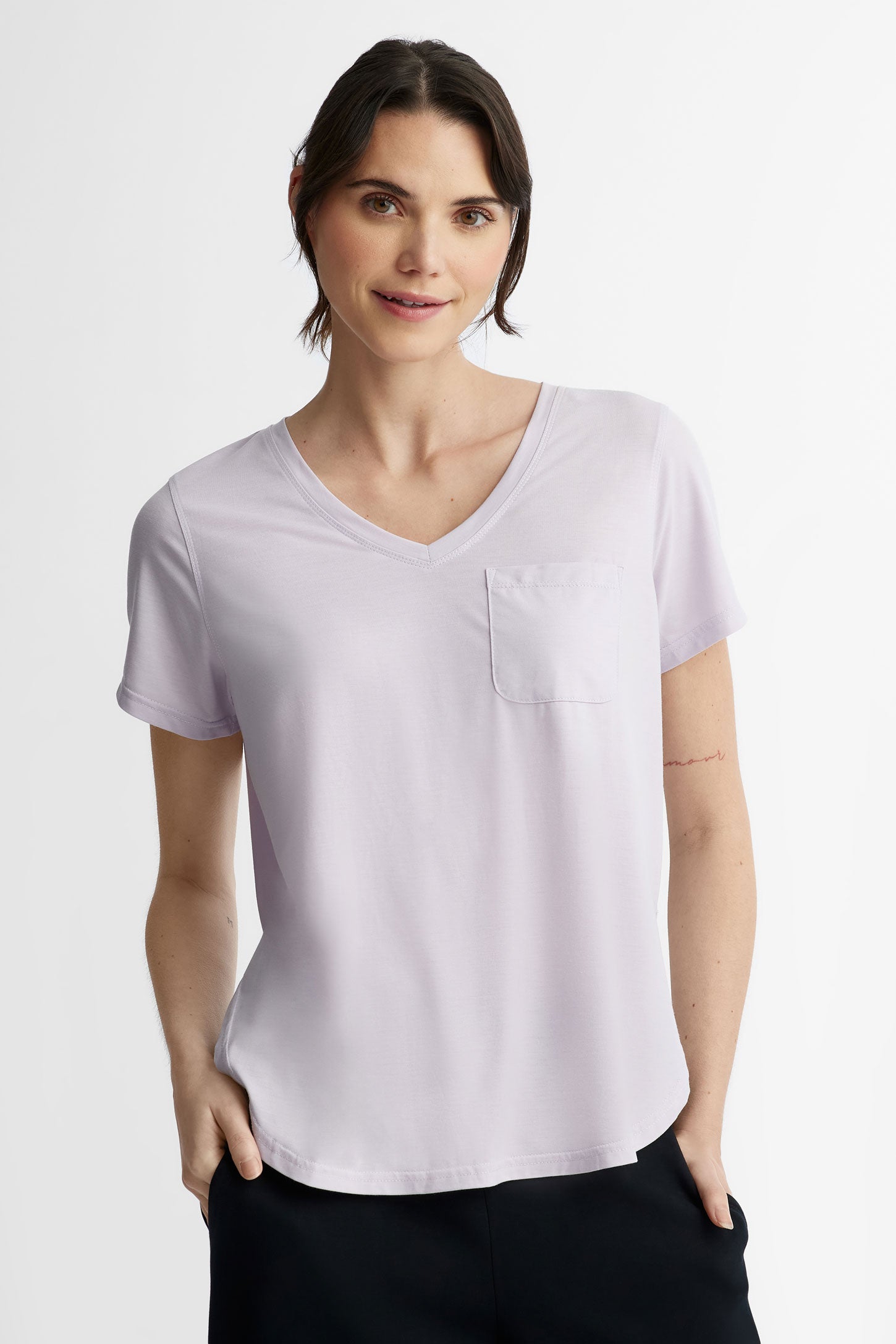 T-shirt col en V Lyocell - Femme && MAUVE