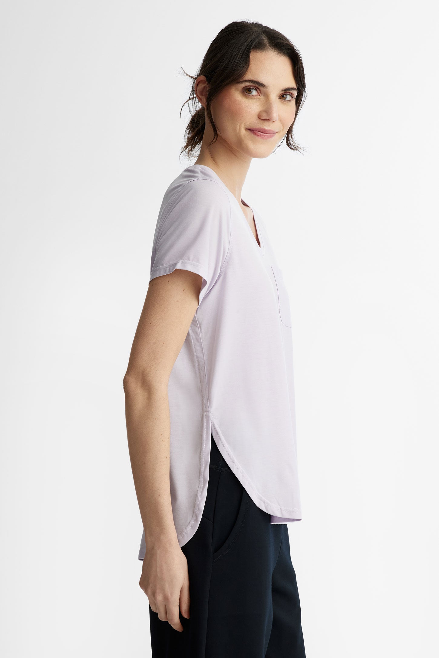 T-shirt col en V Lyocell - Femme && MAUVE