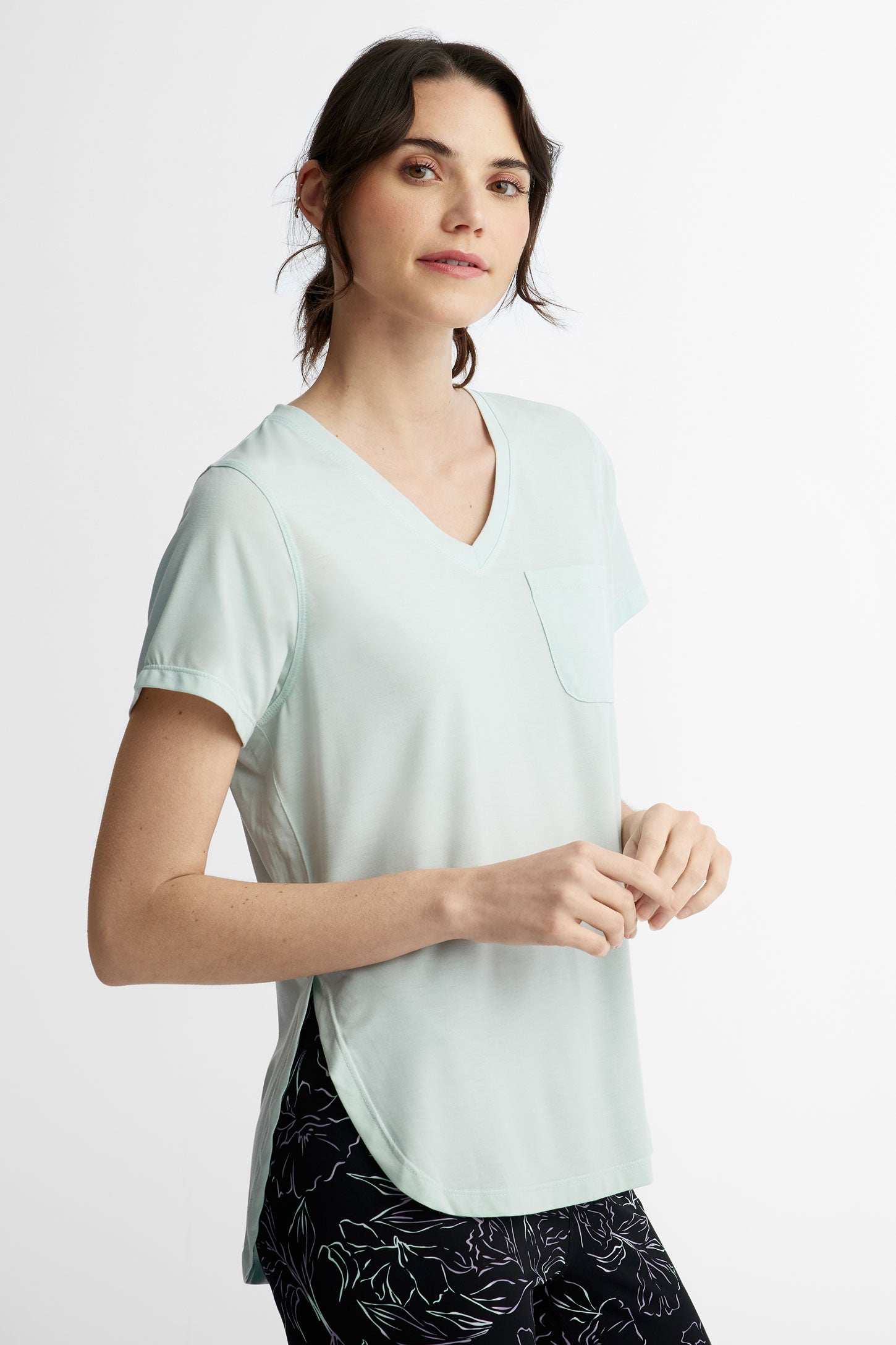 T-shirt col en V Lyocell - Femme && MENTHE