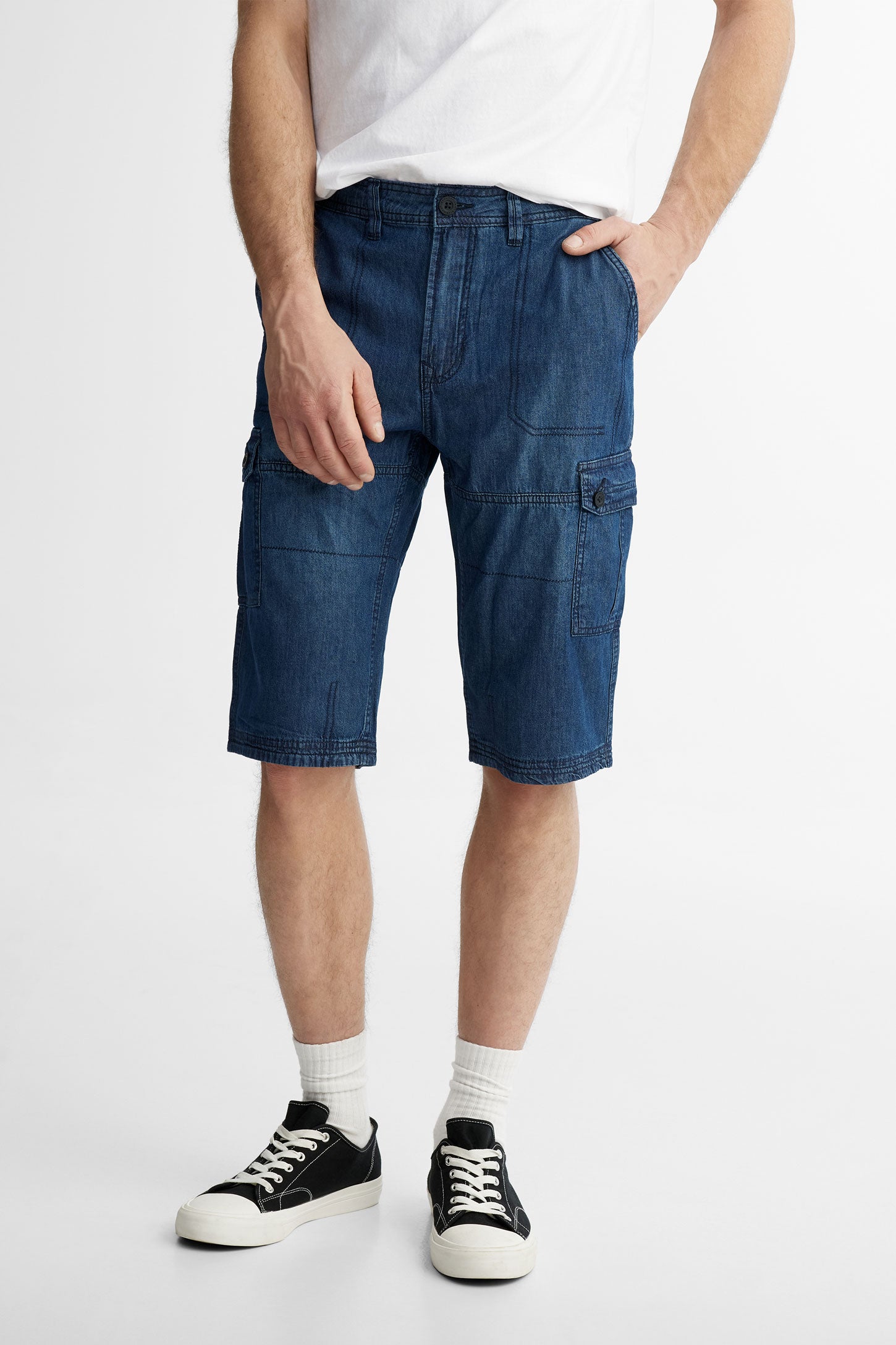 Short bermuda cargo en jeans - Homme && BLEU MARINE
