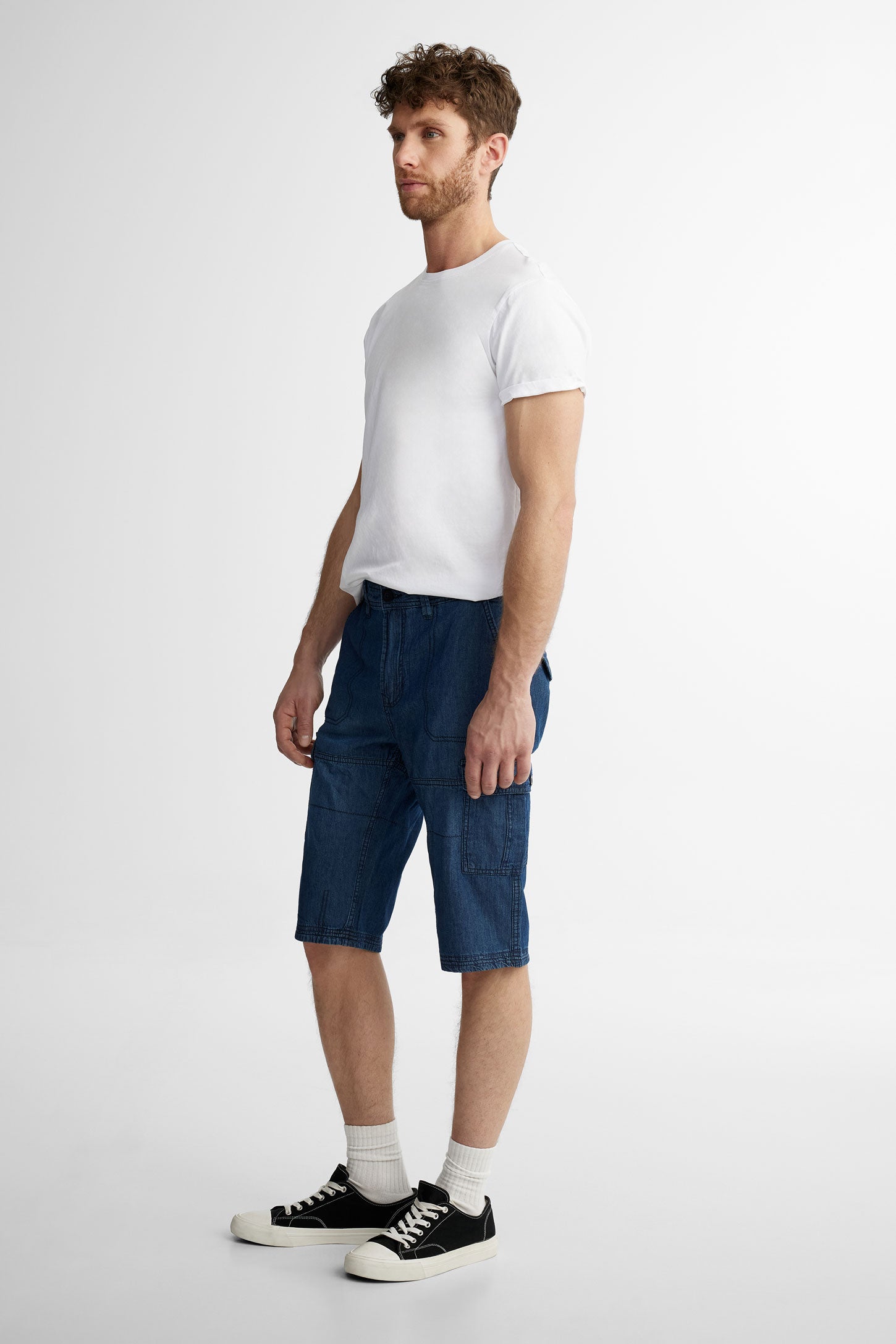 Short bermuda cargo en jeans - Homme && BLEU MARINE