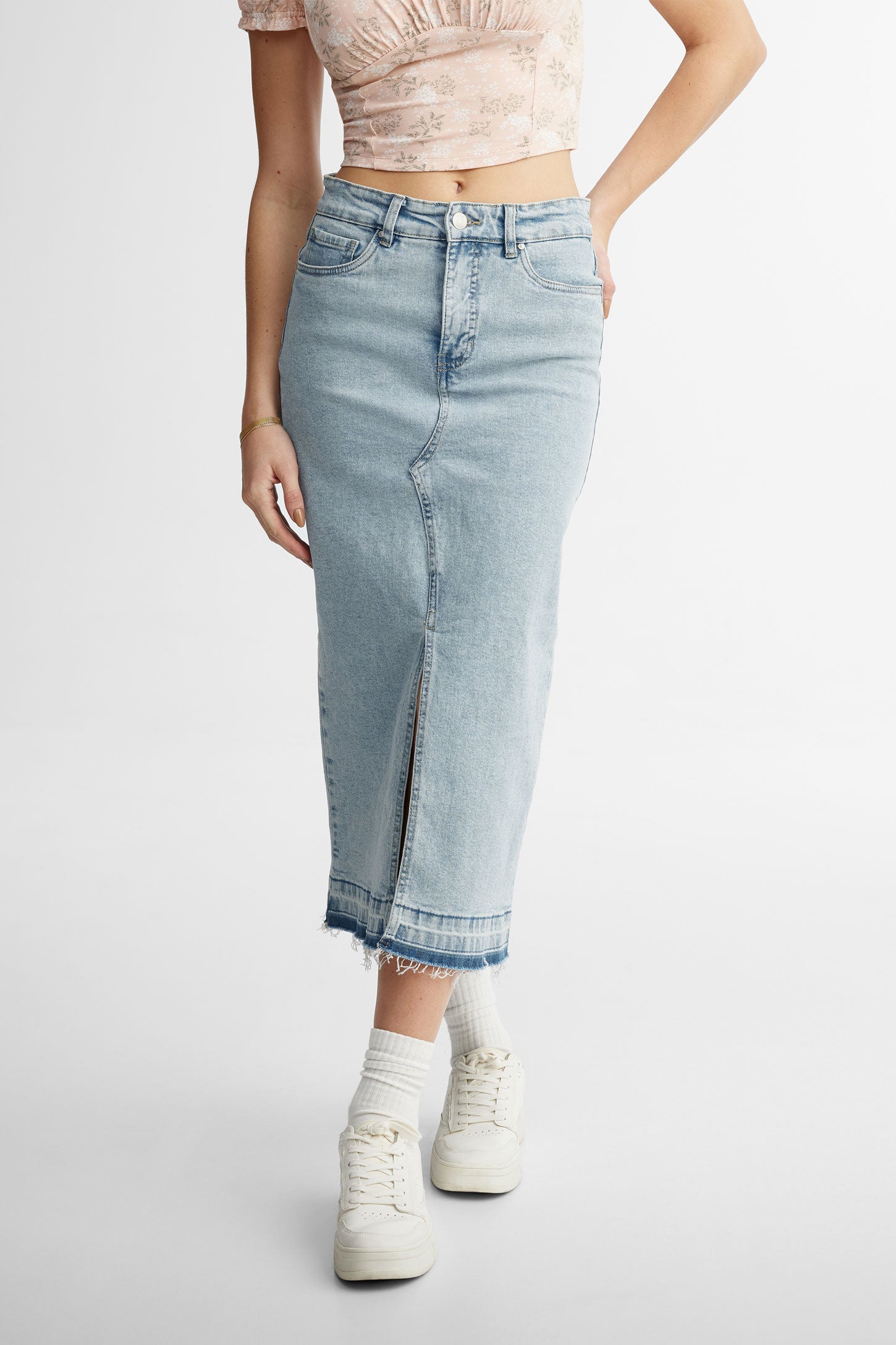 Jupe taille haute en jeans - Femme && BLEU PALE