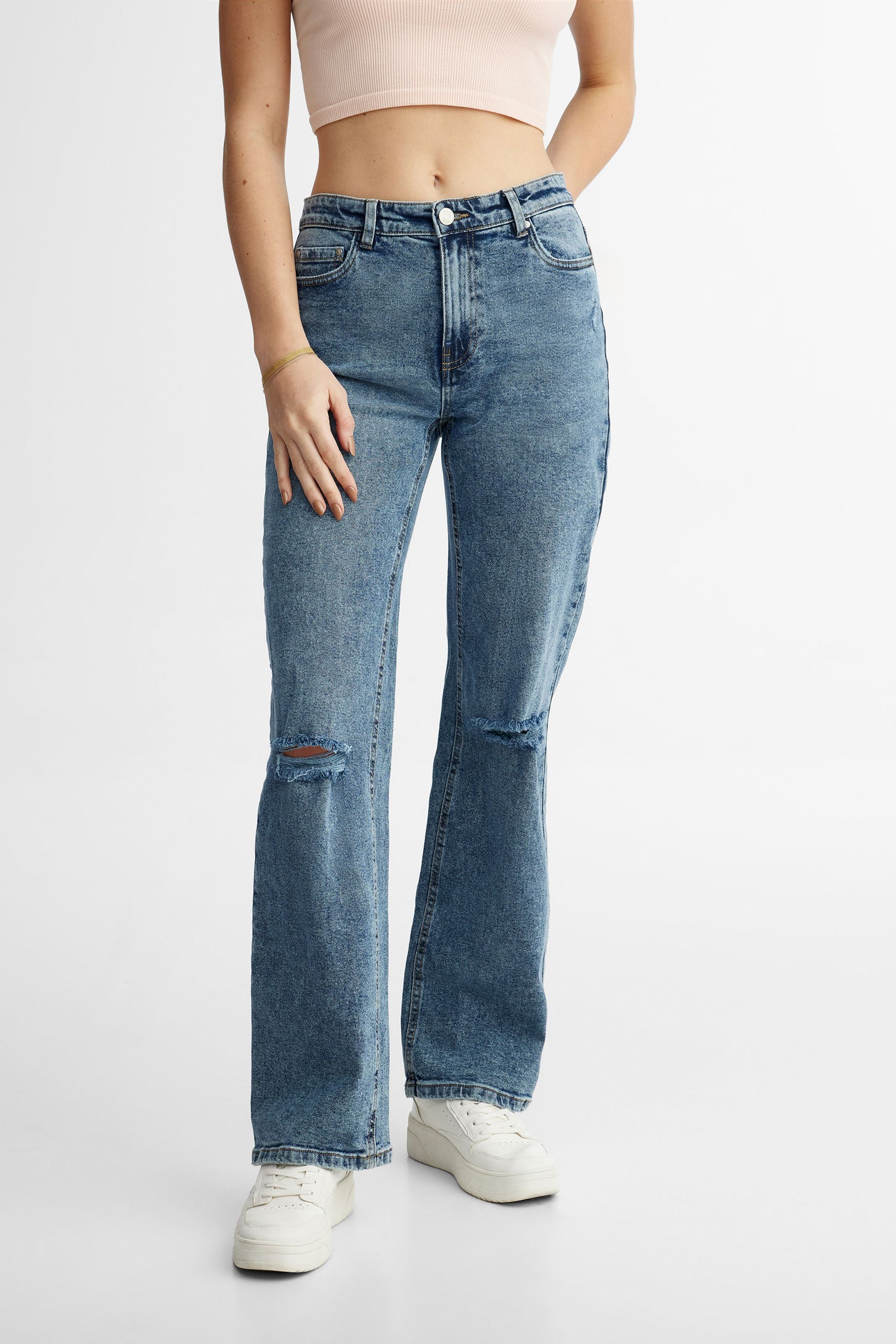 Jeans ''90's baggy'' troués au genoux - Femme && BLEU FONCE