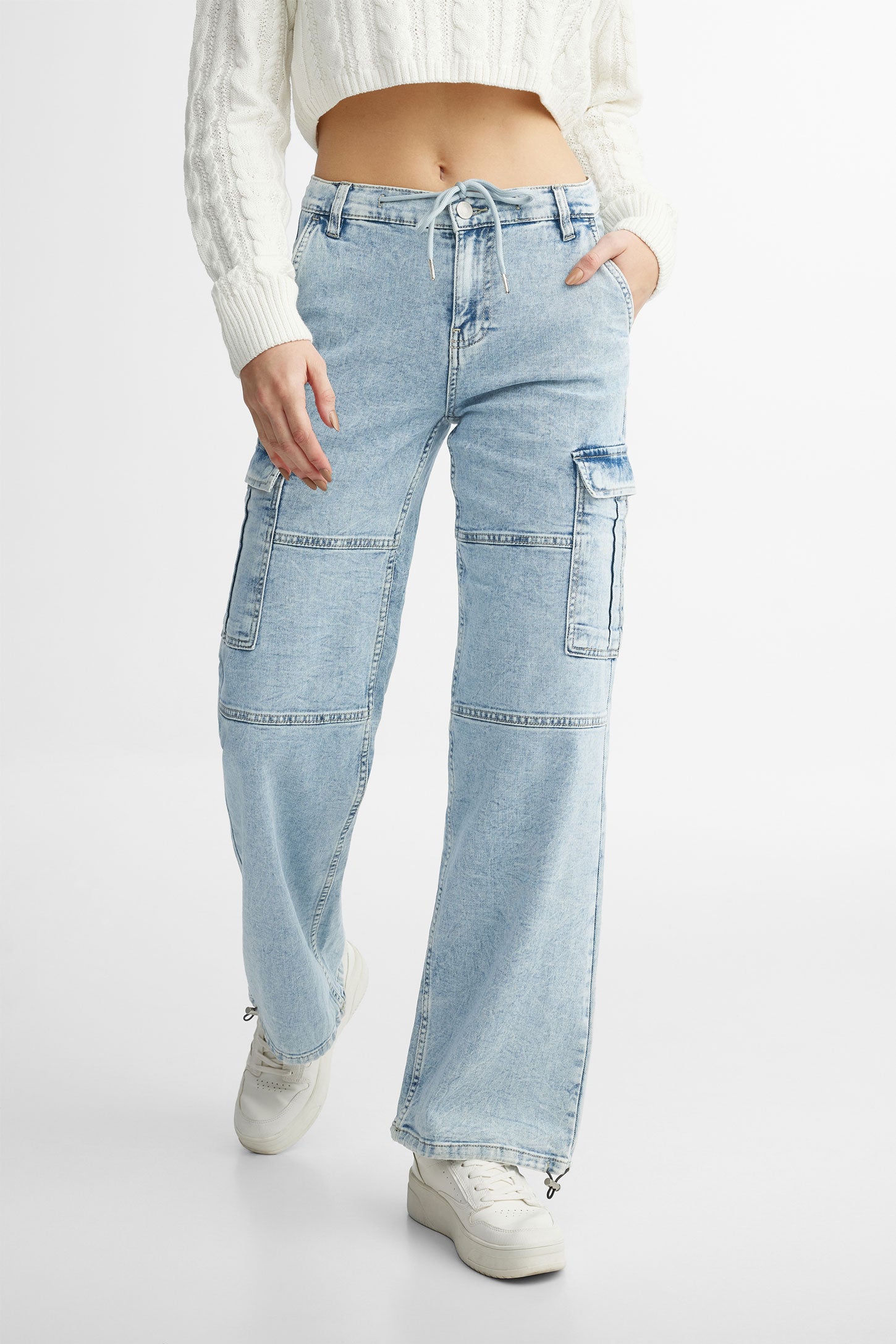Jeans cargo cheville ajustable - Femme && BLEU PALE