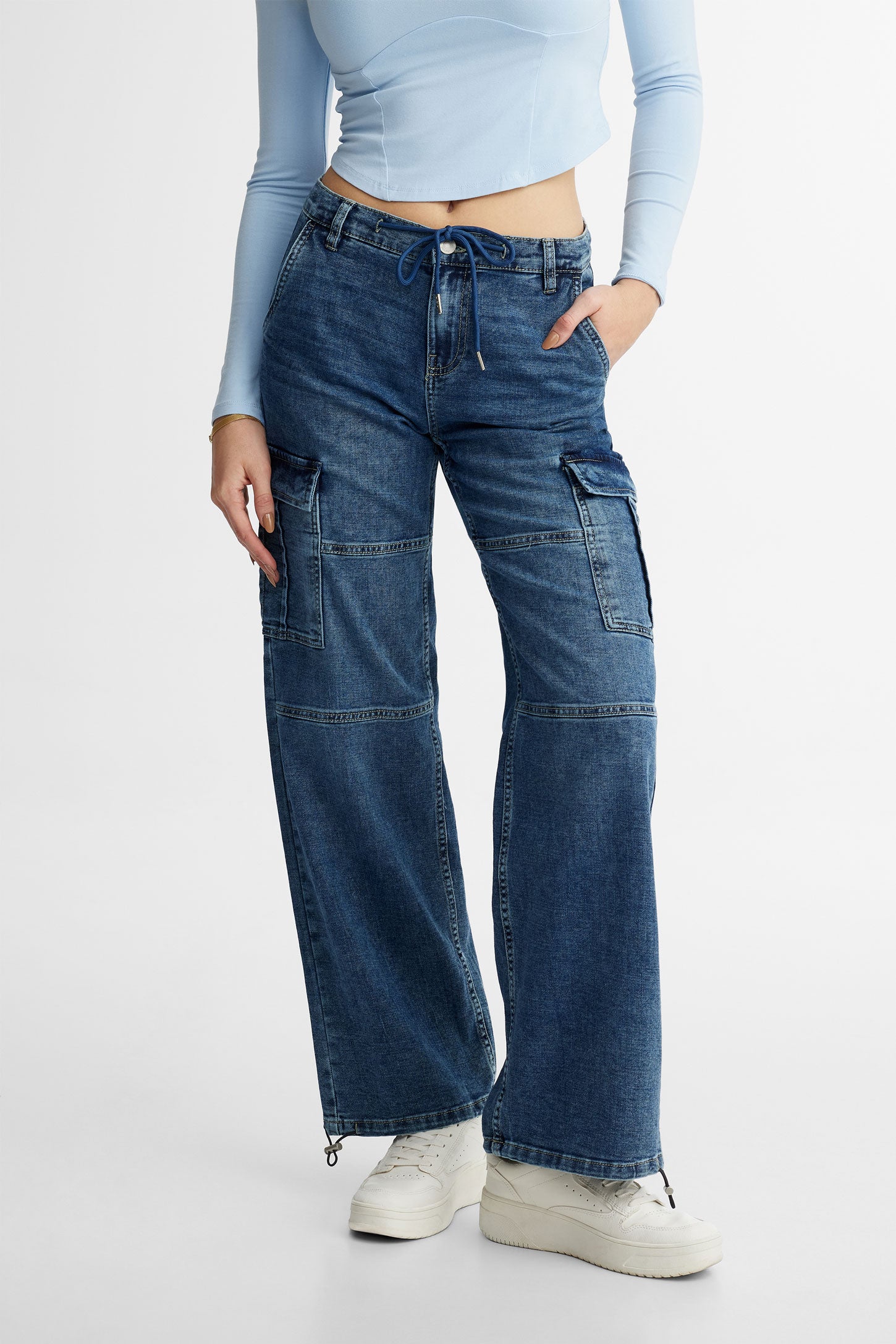Jeans cargo cheville ajustable - Femme && BLEU