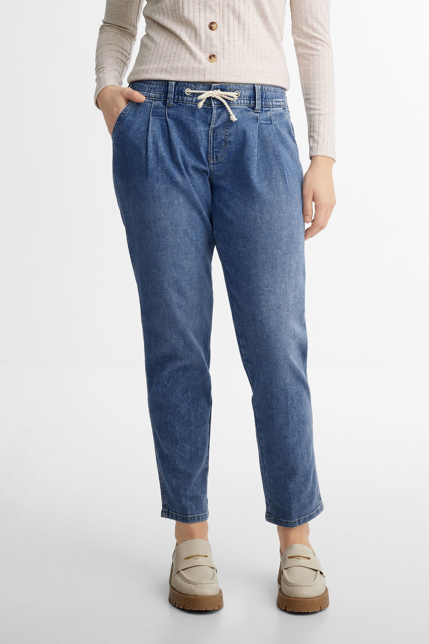 Jeans coupe ''Boyfriend'' taille élastique - Femme && BLEU