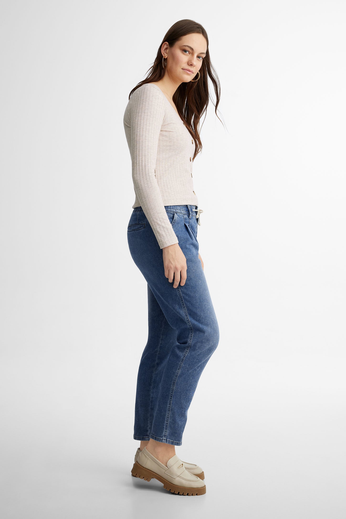 Jeans coupe ''Boyfriend'' taille élastique - Femme && BLEU