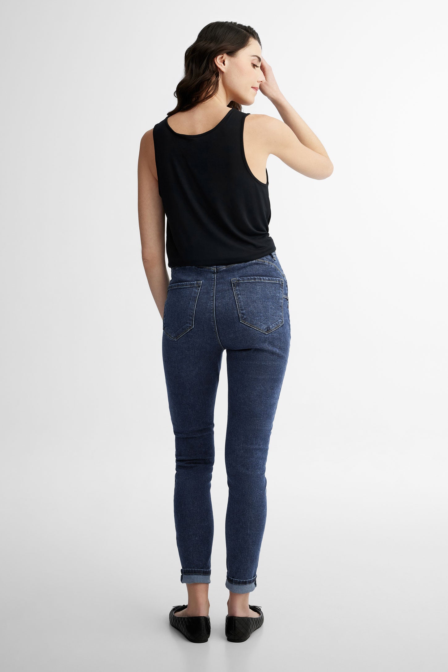 Jeans taille haute coupe ajustée en Lyocell - Femme && BLEU FONCE