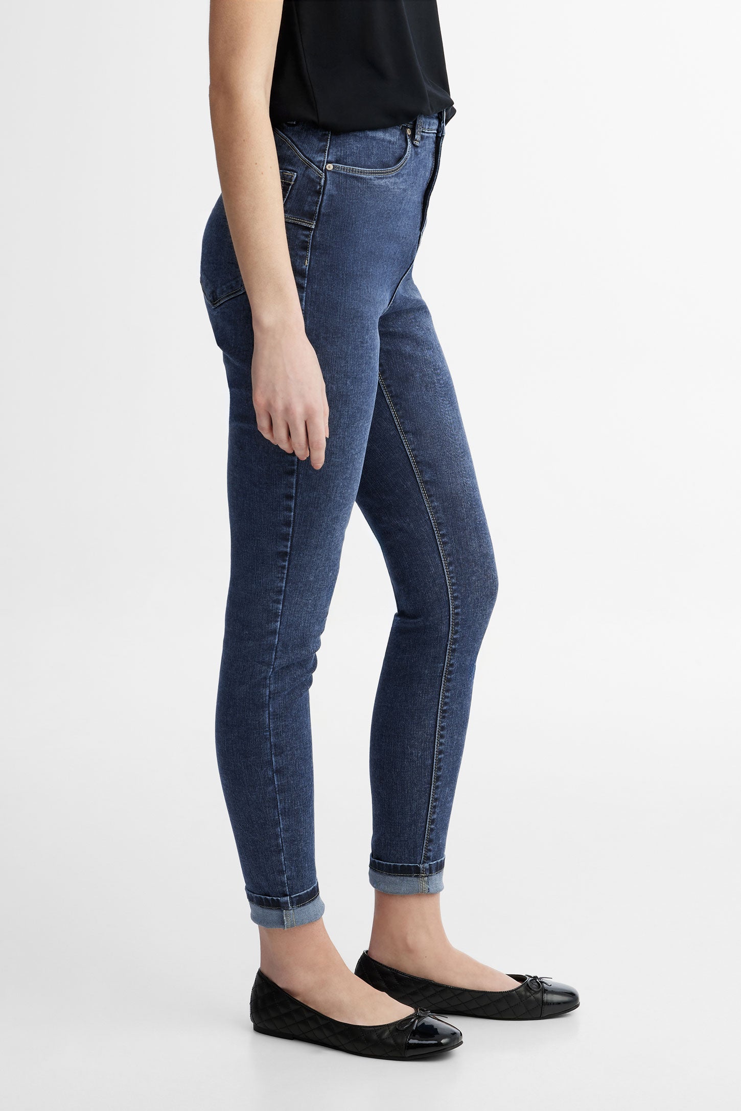 Jeans taille haute coupe ajustée en Lyocell - Femme && BLEU FONCE