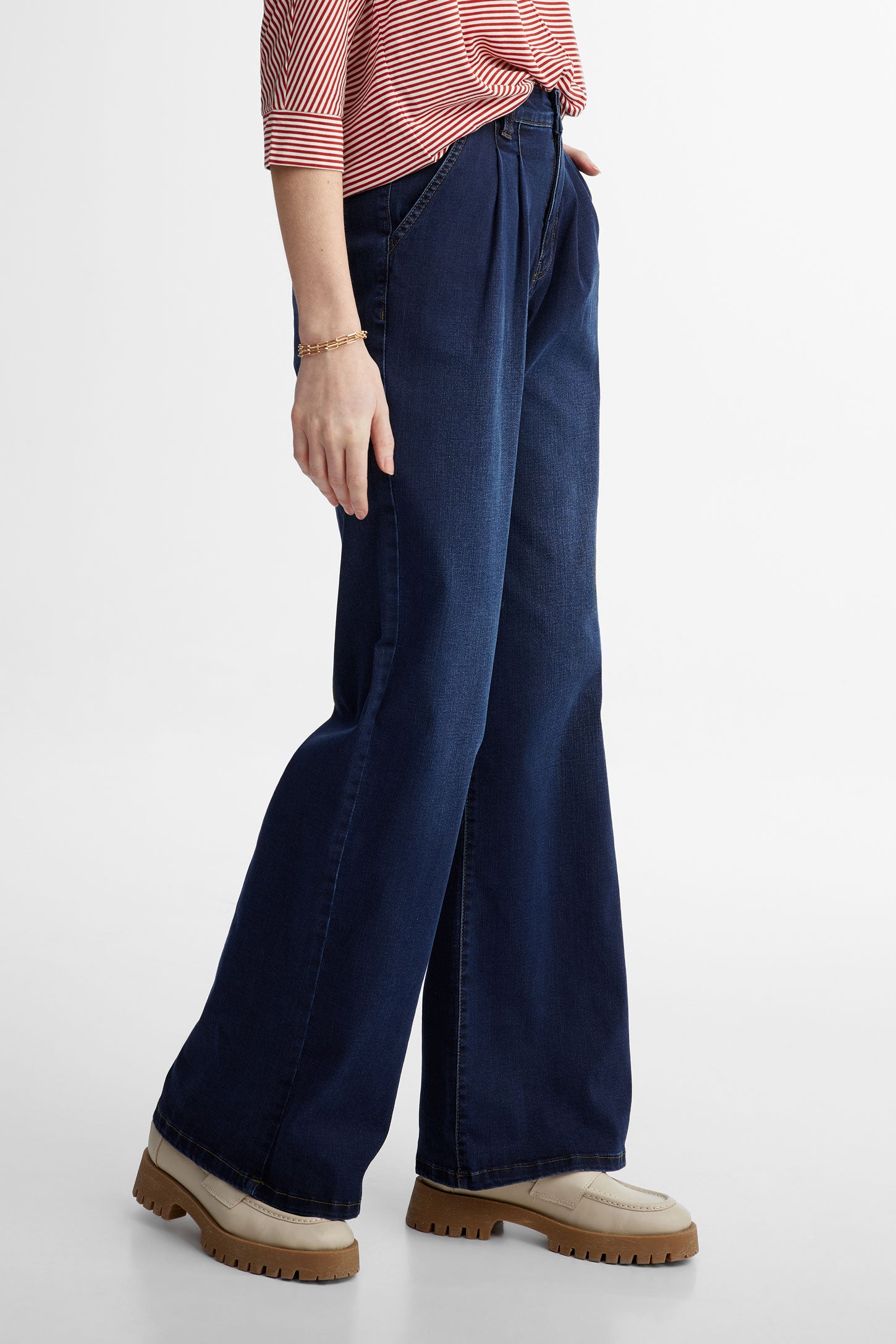 Jeans taille haute jambe large en Lyocell - Femme && BLEU FONCE