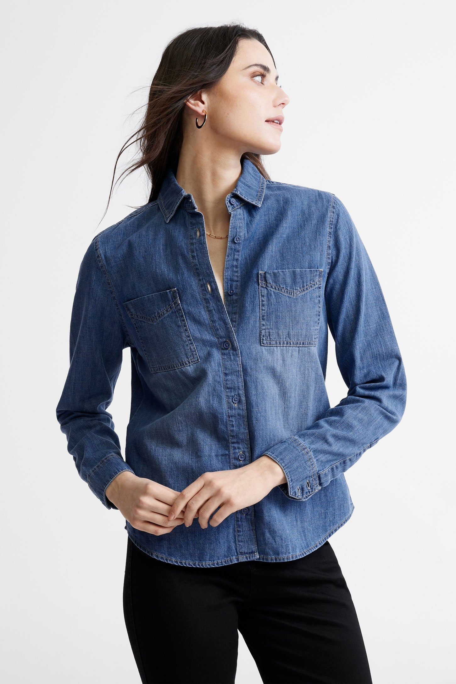 Chemise en jeans coupe ajustée - Femme && BLEU