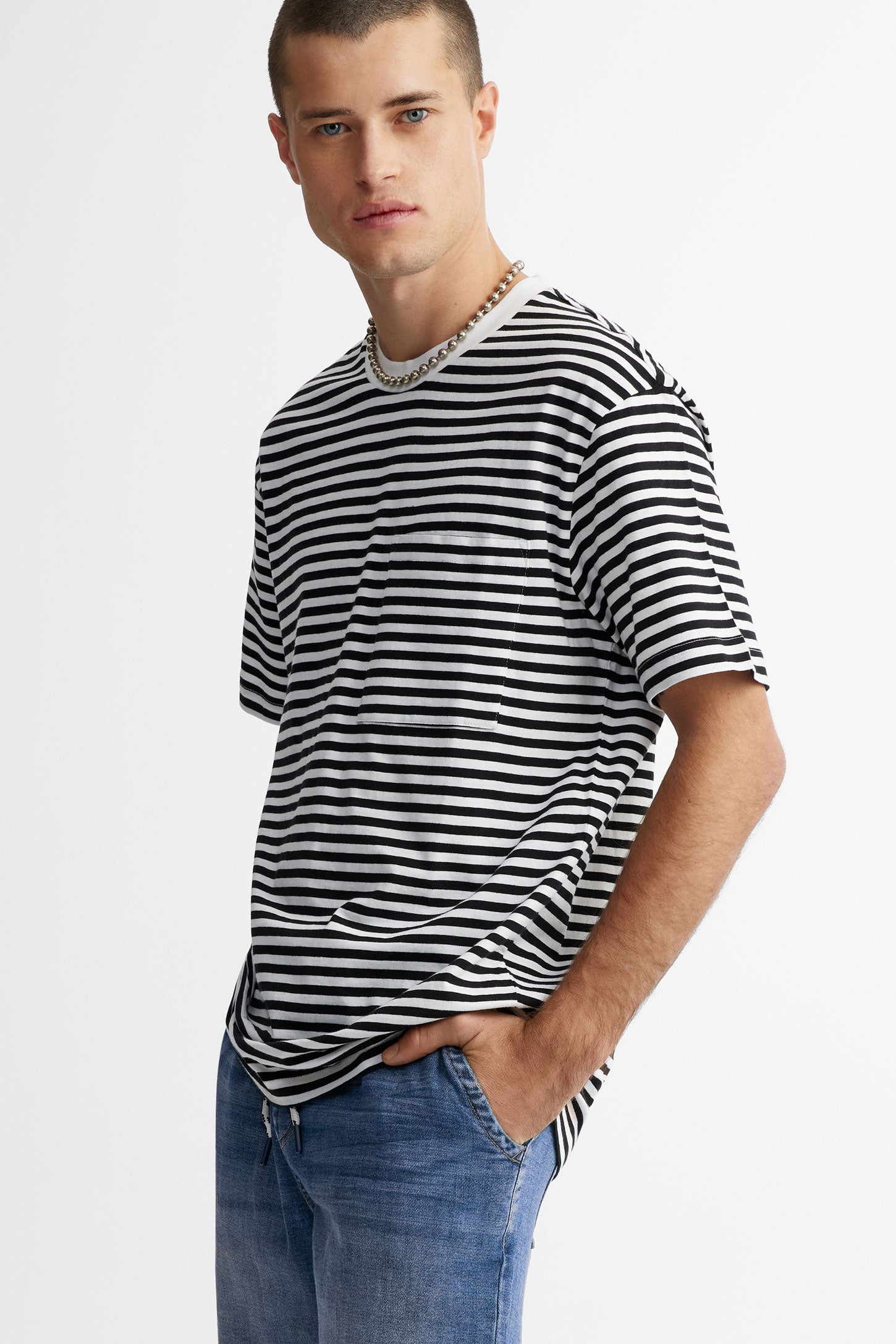 T-shirt à poche rayé en coton - Homme && NOIR/MULTI