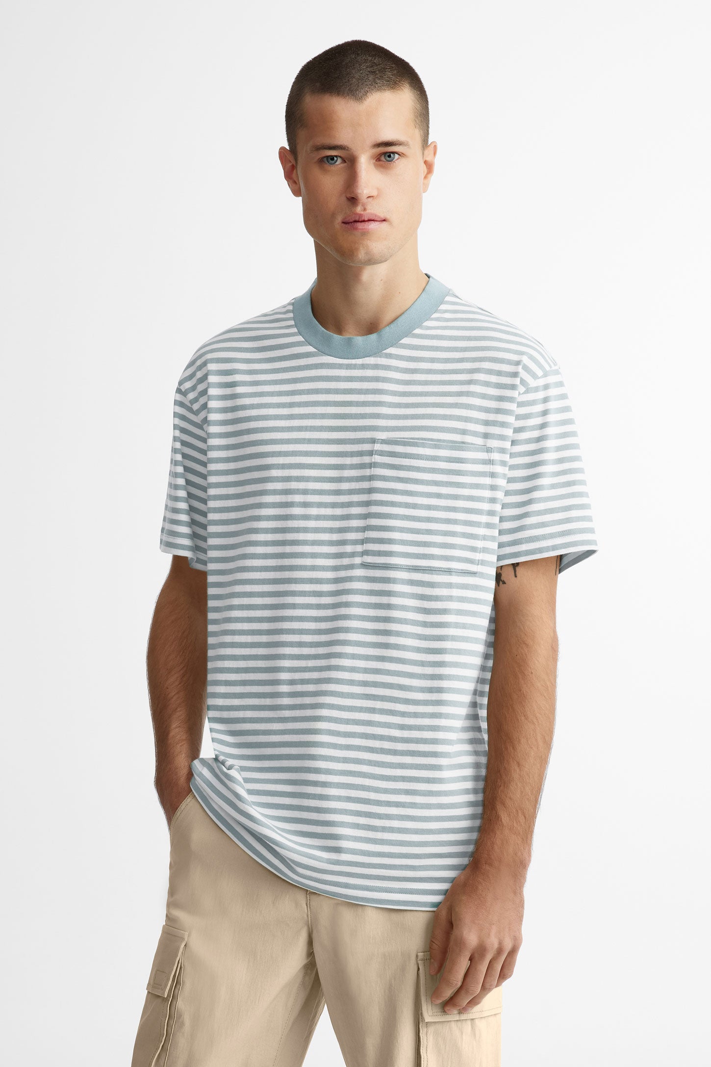 T-shirt à poche rayé en coton - Homme && TURQUOISE/MULTI
