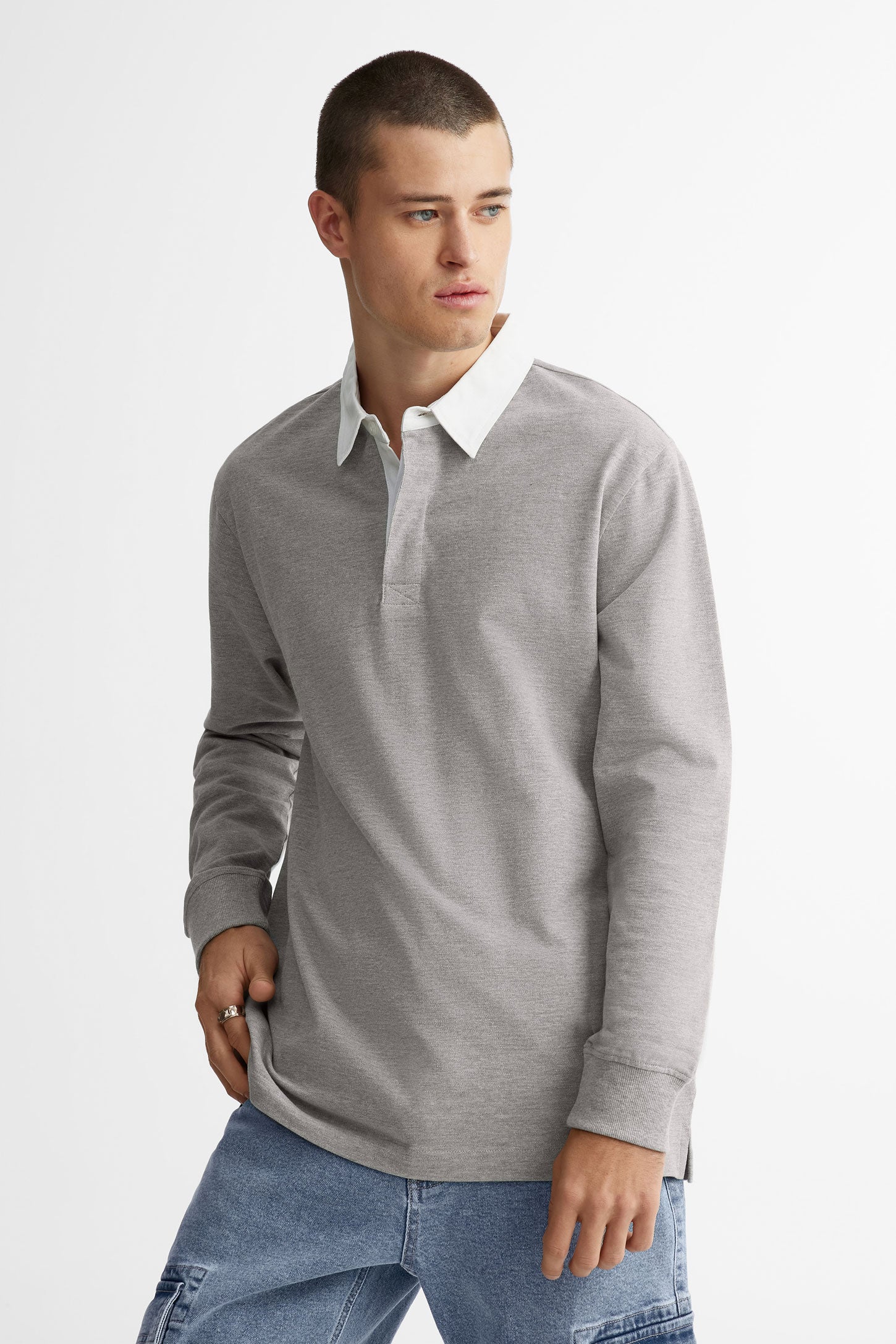 Chandail polo manches longues en coton - Homme && GRIS MIXTE