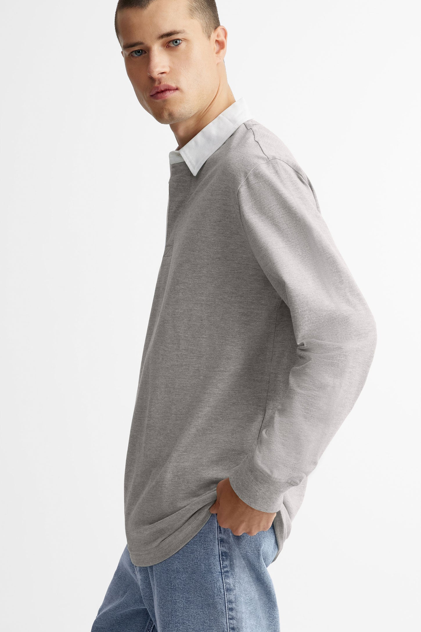 Chandail polo manches longues en coton - Homme && GRIS MIXTE