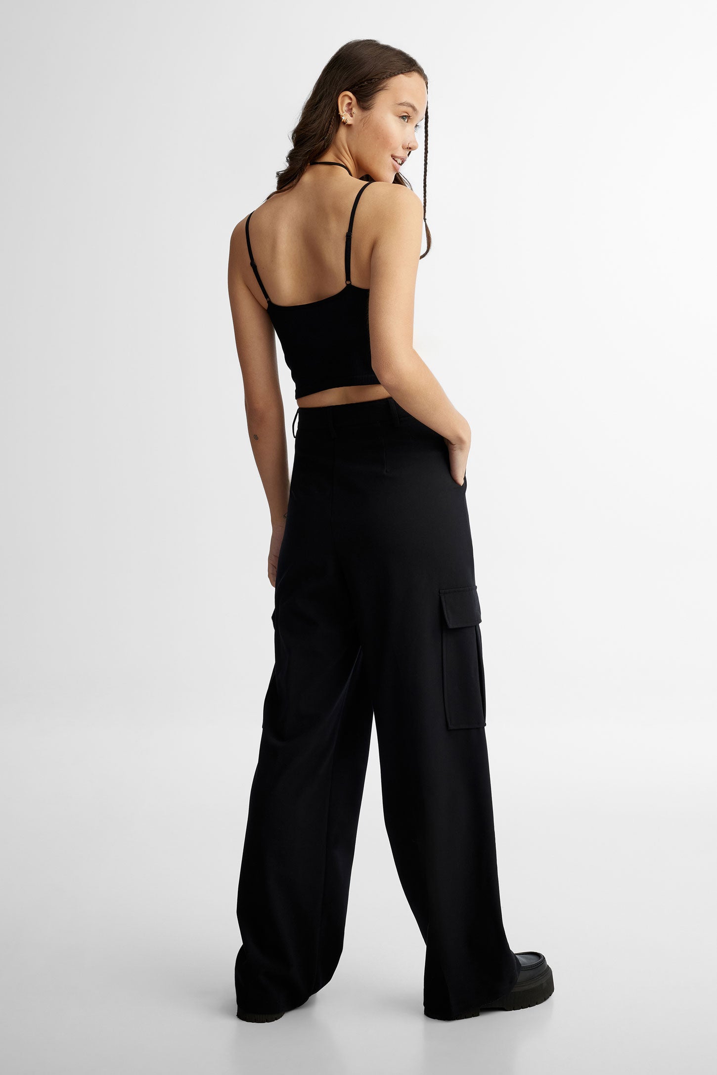 Camisole écourtée à bretelles fines sans coutures - Femme && NOIR