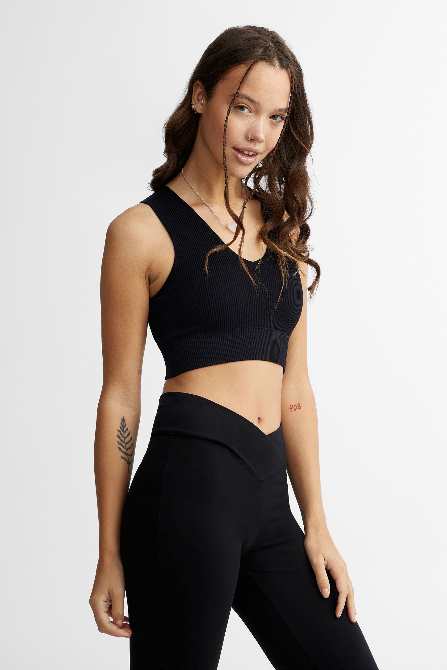 Camisole col en V écourtée sans coutures - Femme && NOIR