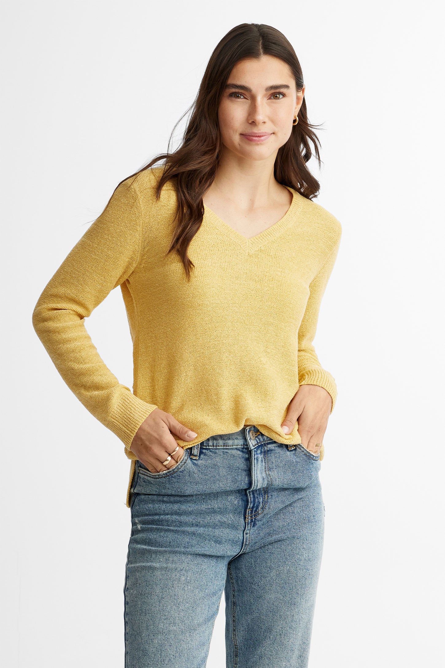 Chandail tricot col en V - Femme && JAUNE