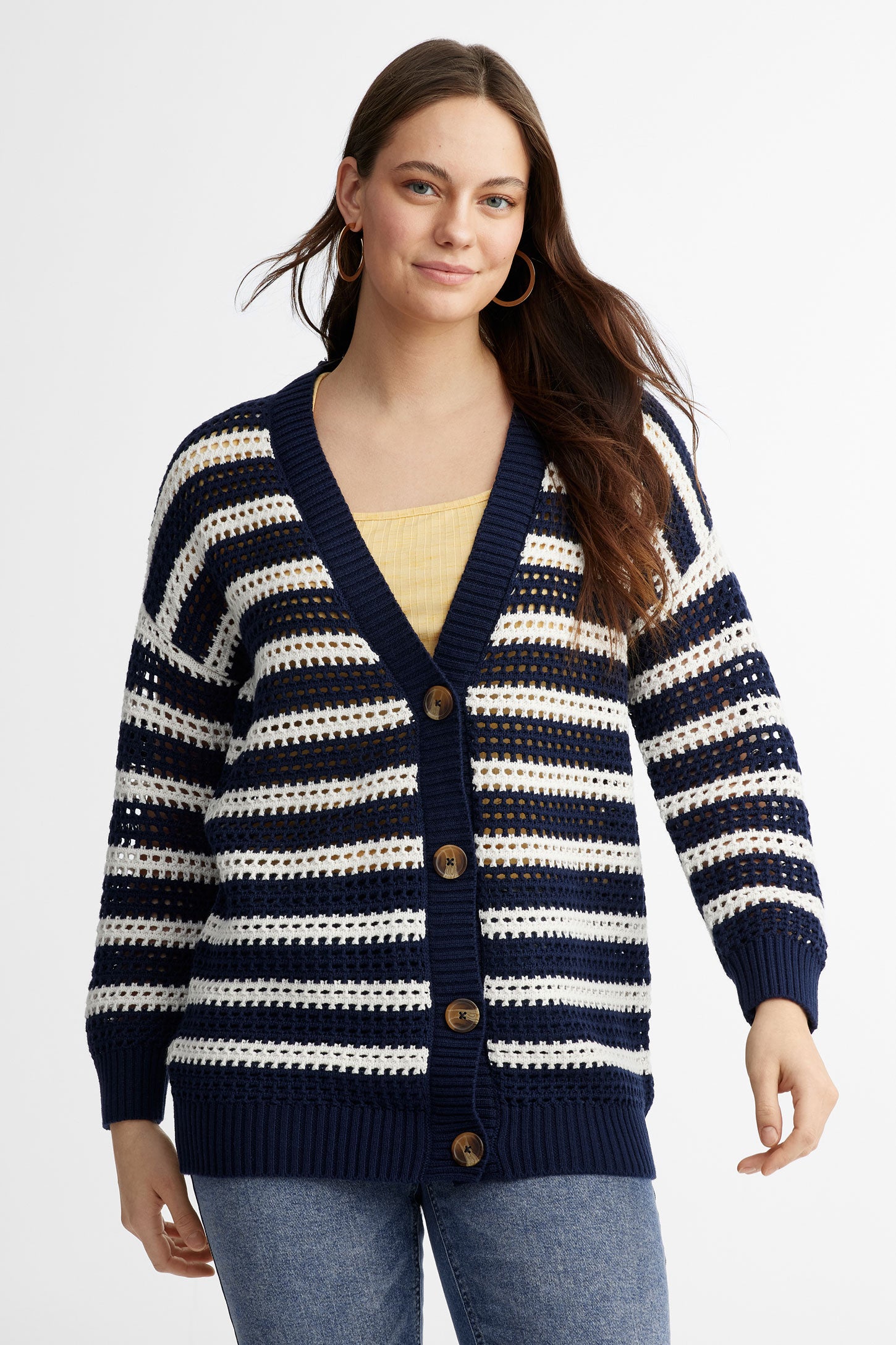 Cardigan en crochet coupe ample - Femme && BLEU MARINE MUL