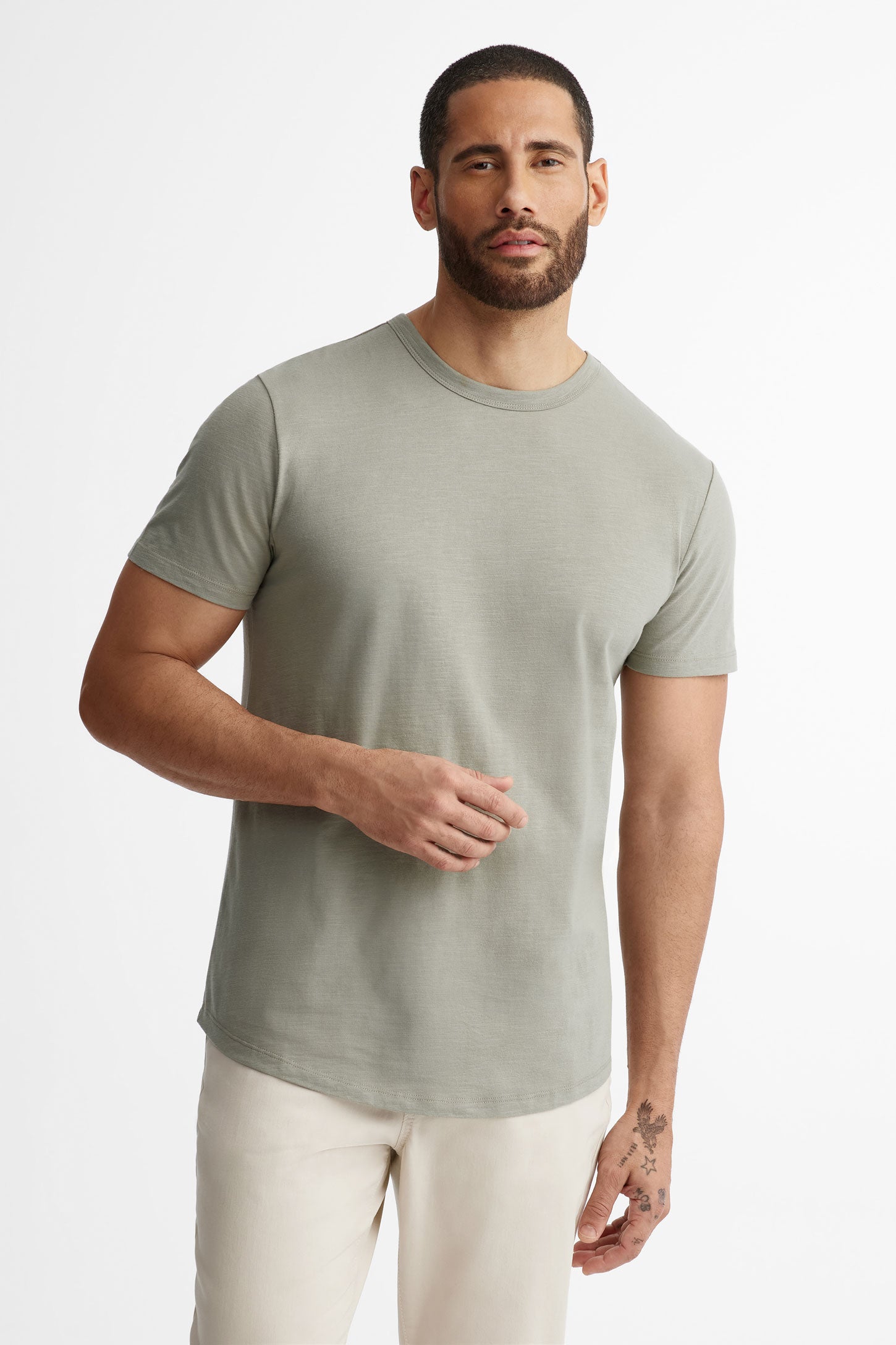 T-shirt col rond en coton - Homme && KAKI