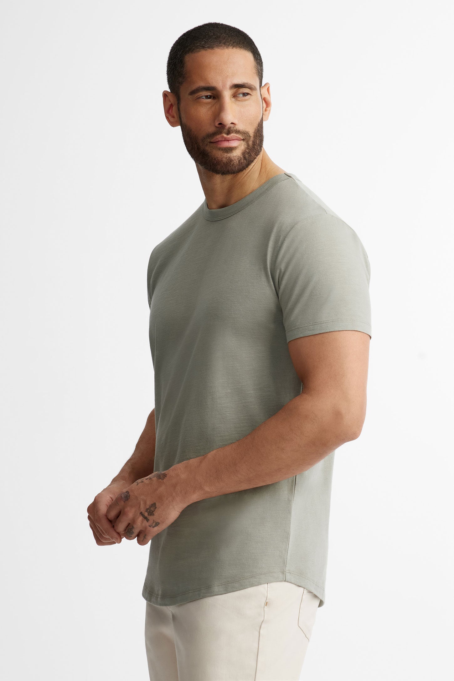 T-shirt col rond en coton - Homme && KAKI