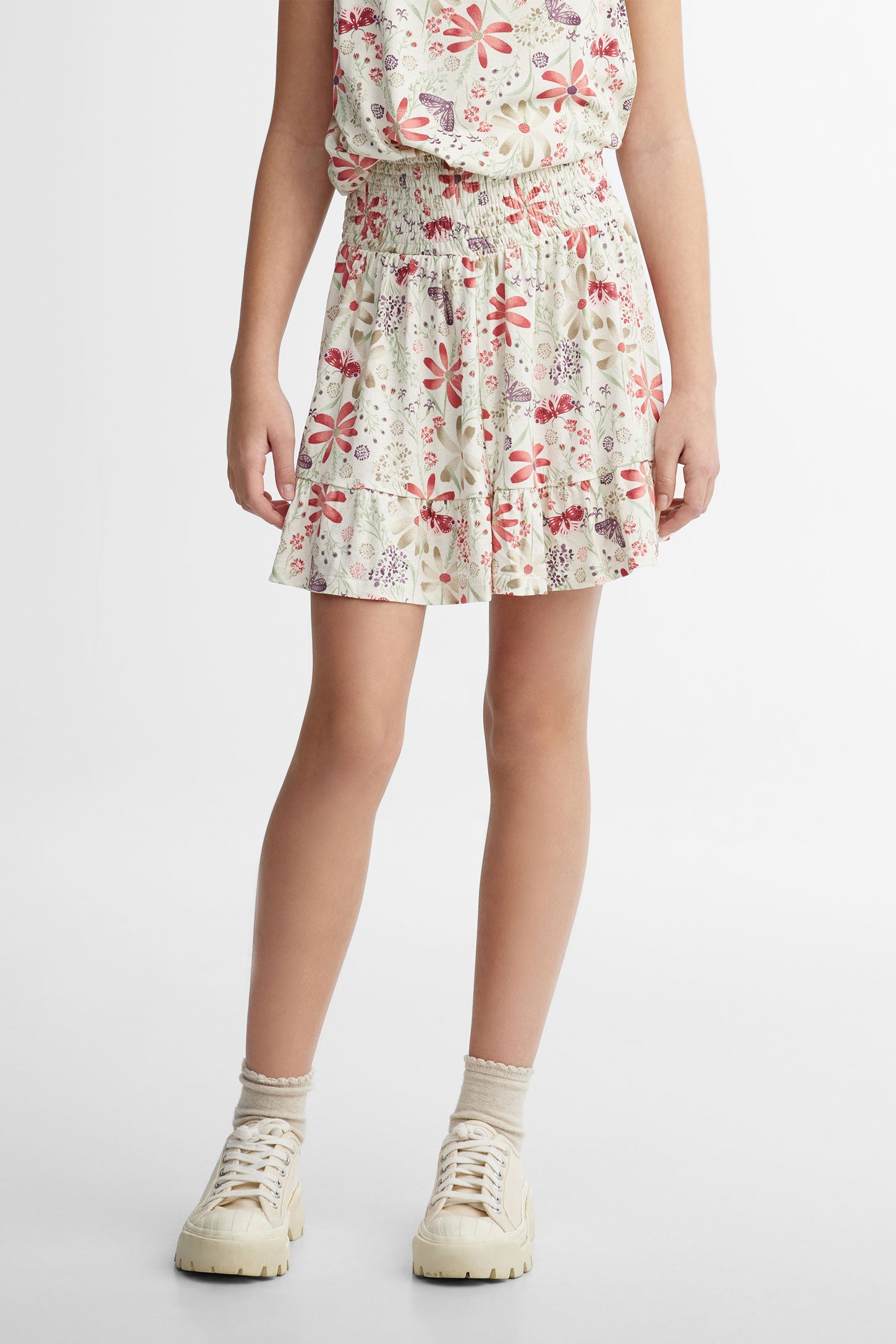 Short skirt honeycomb waist printed Teenage girl Aubainerie