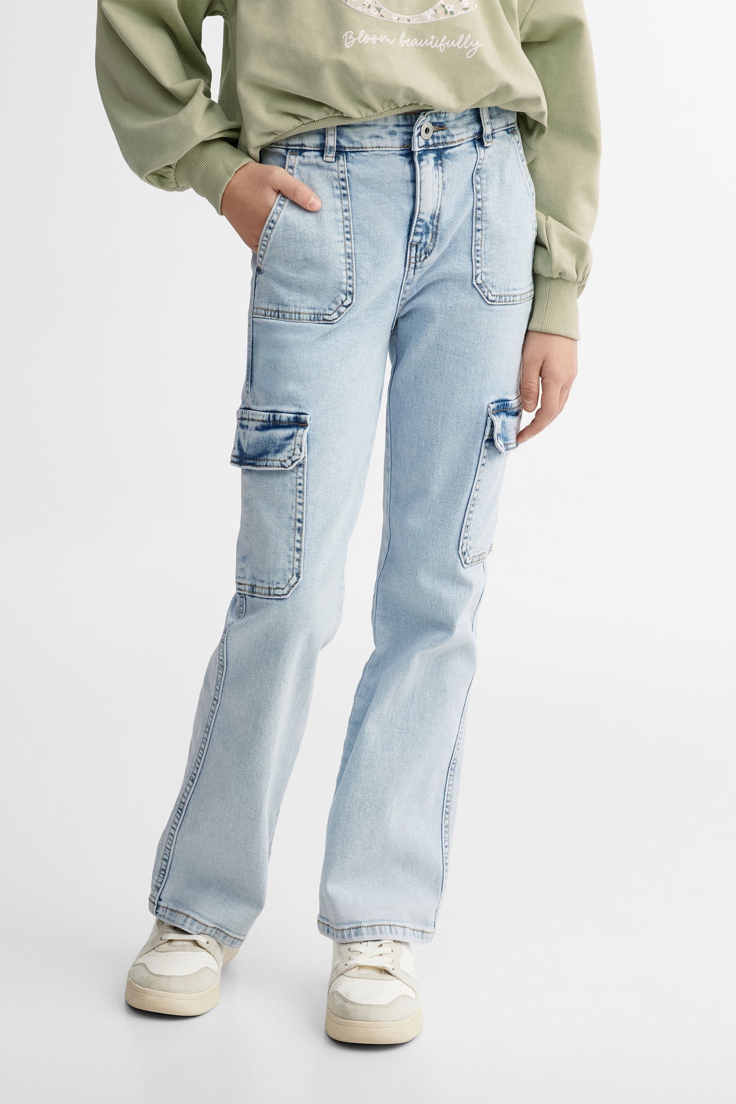 Jeans cargo jambe évasée - Ado fille && BLEU PALE