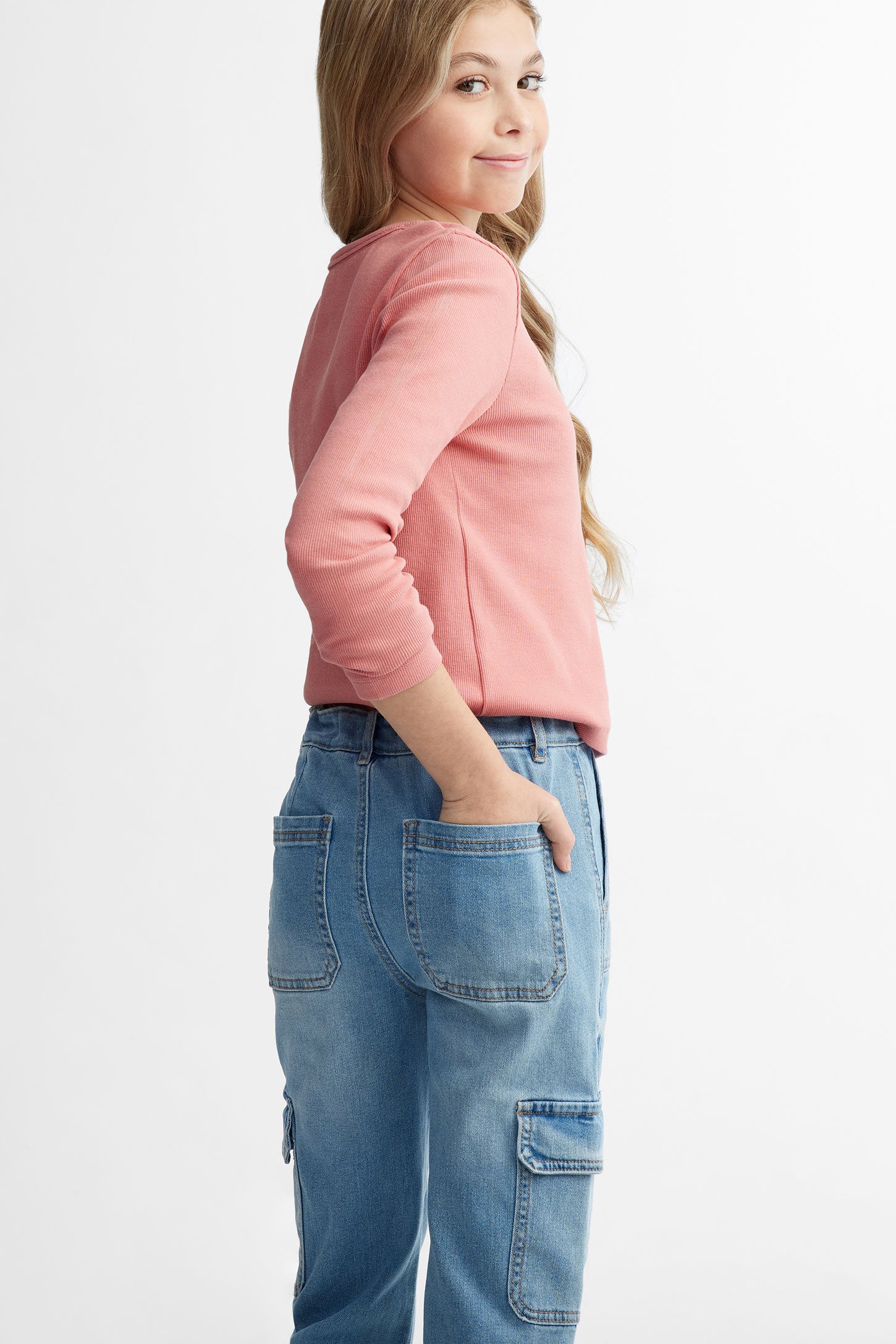 Jeans cargo jambe évasée - Ado fille && BLEU