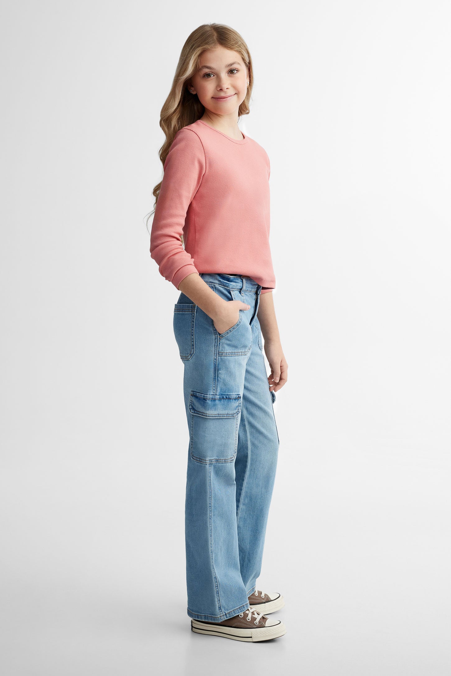 Jeans cargo jambe évasée - Ado fille && BLEU